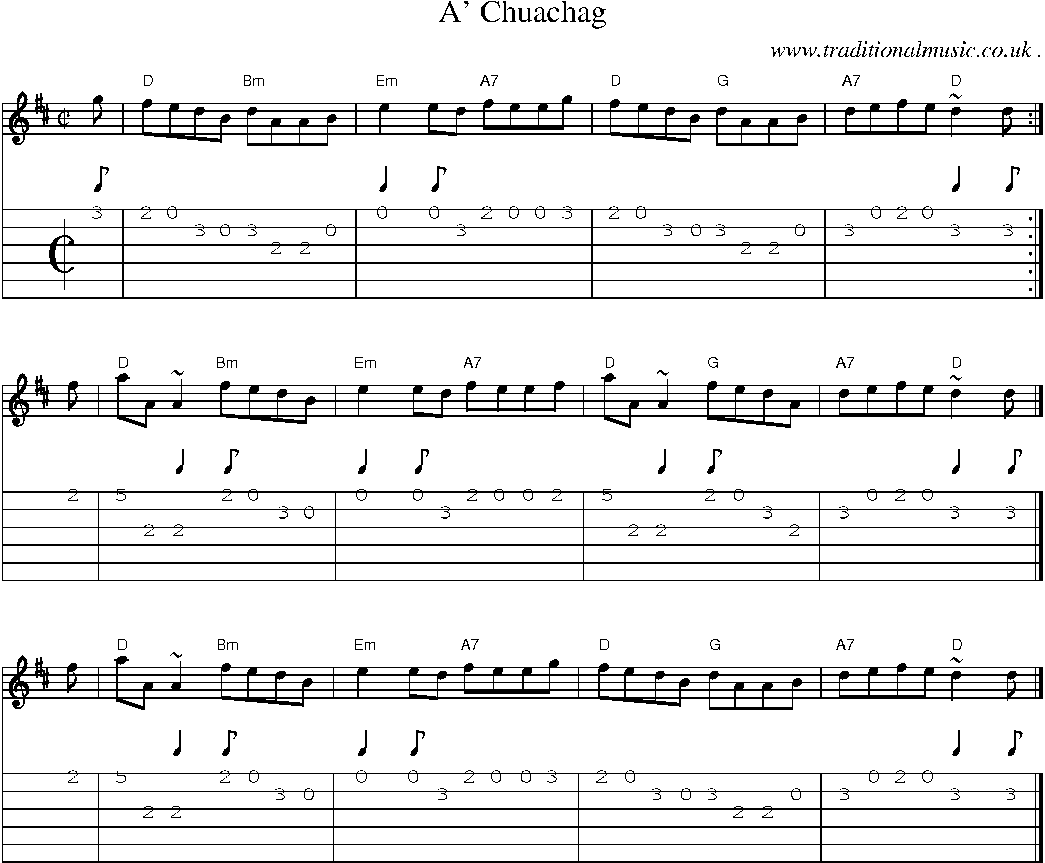 Sheet-music  score, Chords and Guitar Tabs for A Chuachag