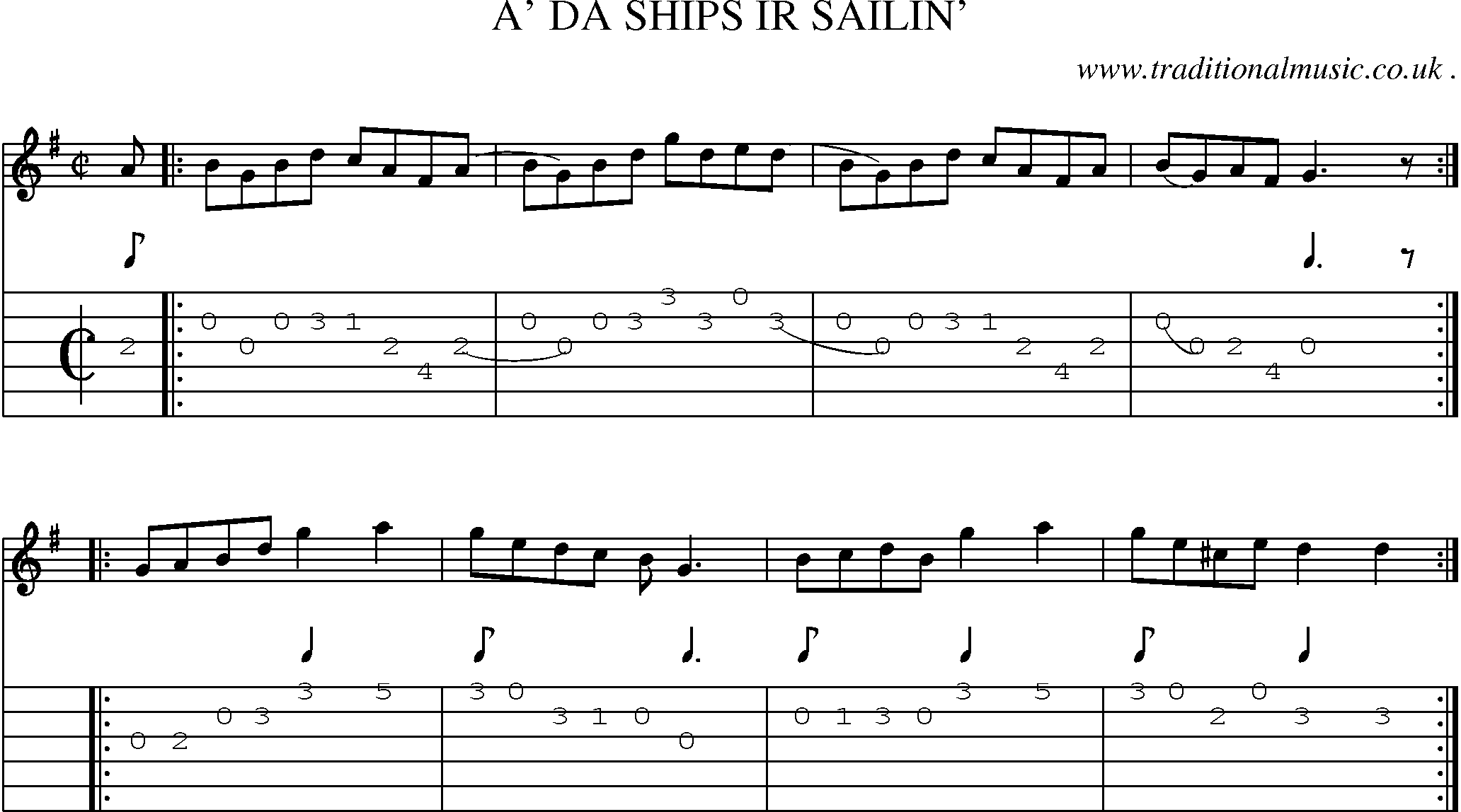 Sheet-music  score, Chords and Guitar Tabs for A Da Ships Ir Sailin