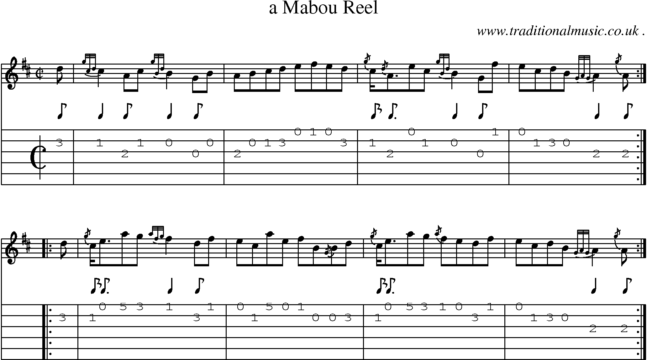 Sheet-music  score, Chords and Guitar Tabs for A Mabou Reel