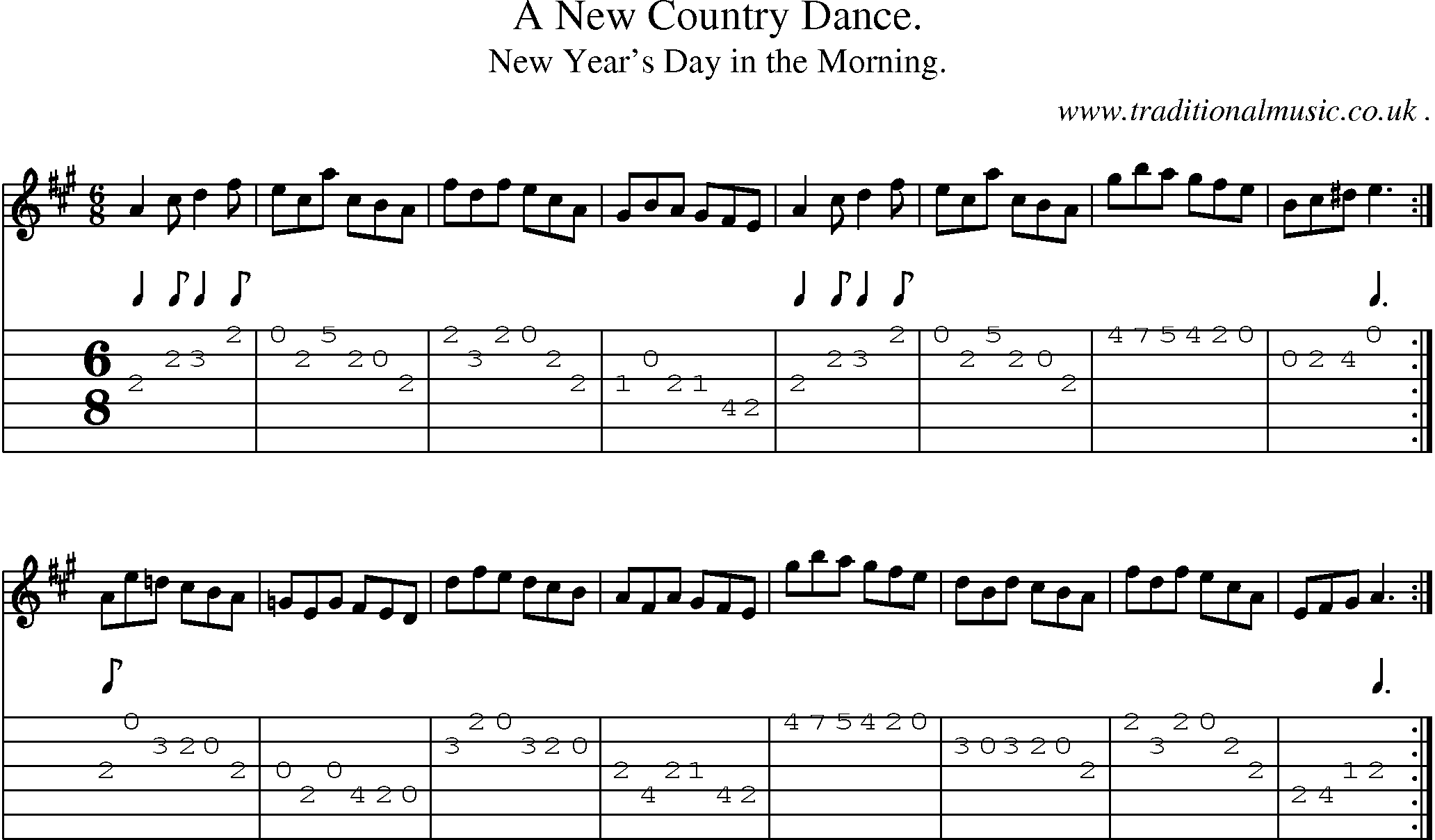 Sheet-music  score, Chords and Guitar Tabs for A New Country Dance