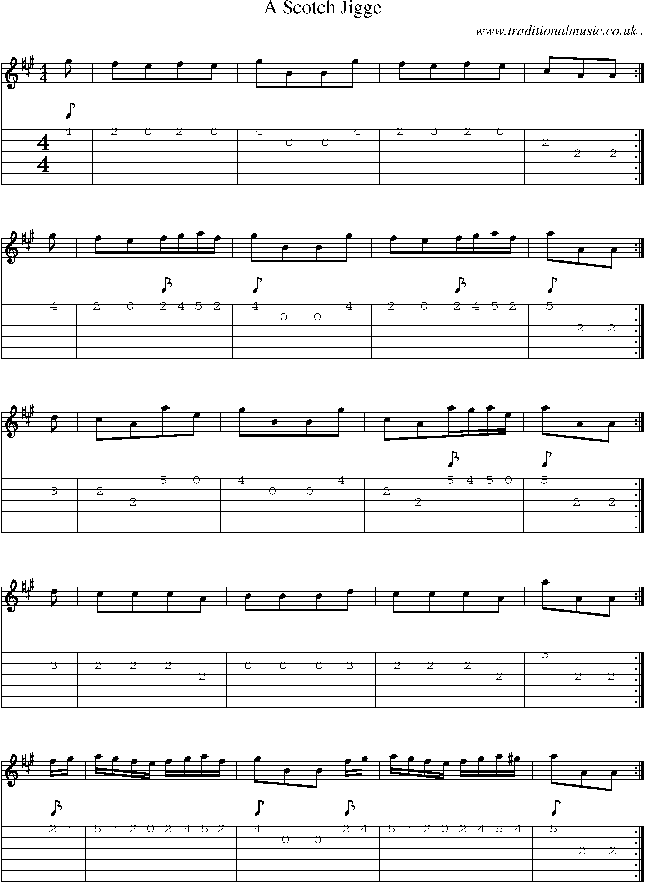 Sheet-music  score, Chords and Guitar Tabs for A Scotch Jigge
