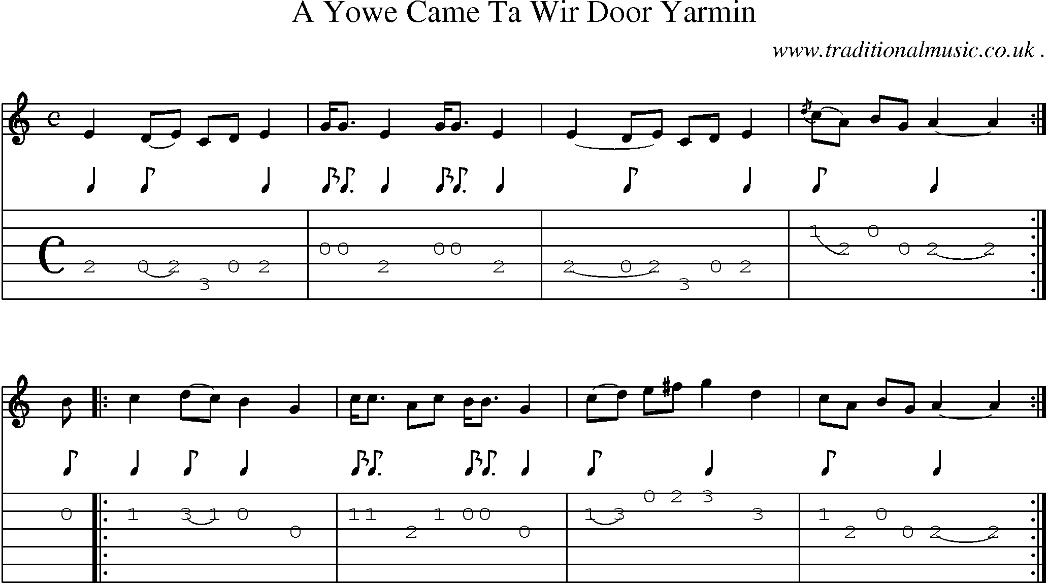 Sheet-music  score, Chords and Guitar Tabs for A Yowe Came Ta Wir Door Yarmin