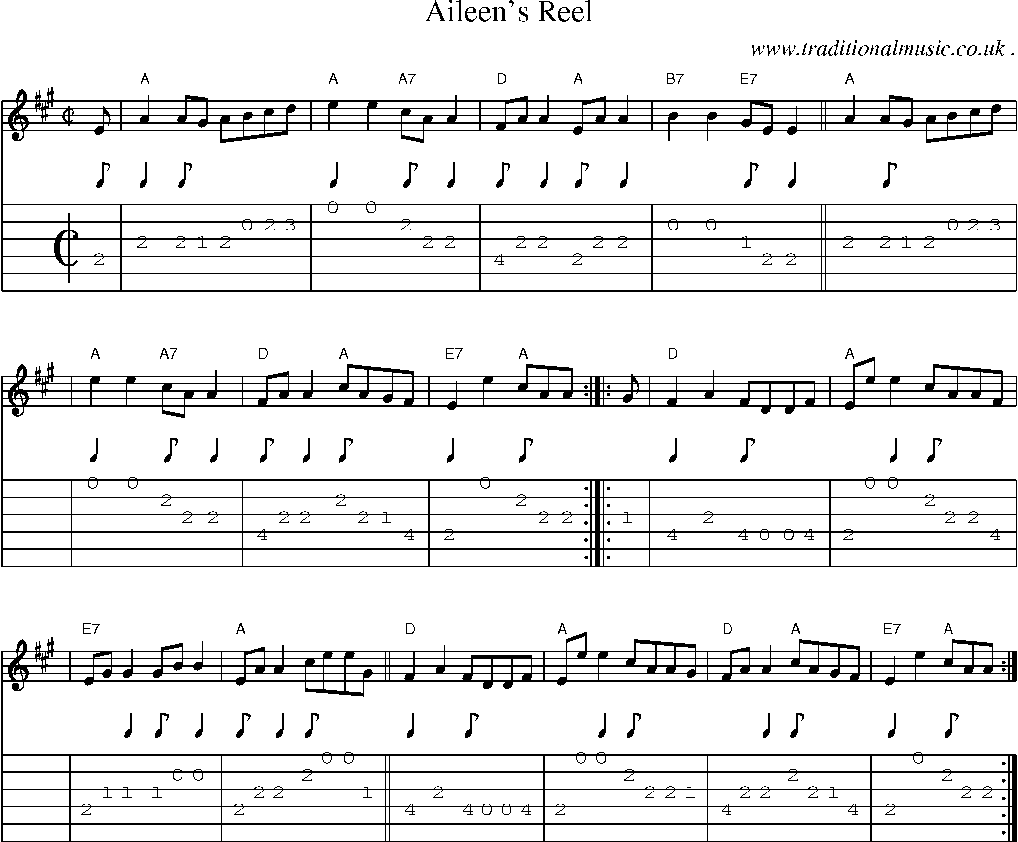 Sheet-music  score, Chords and Guitar Tabs for Aileens Reel