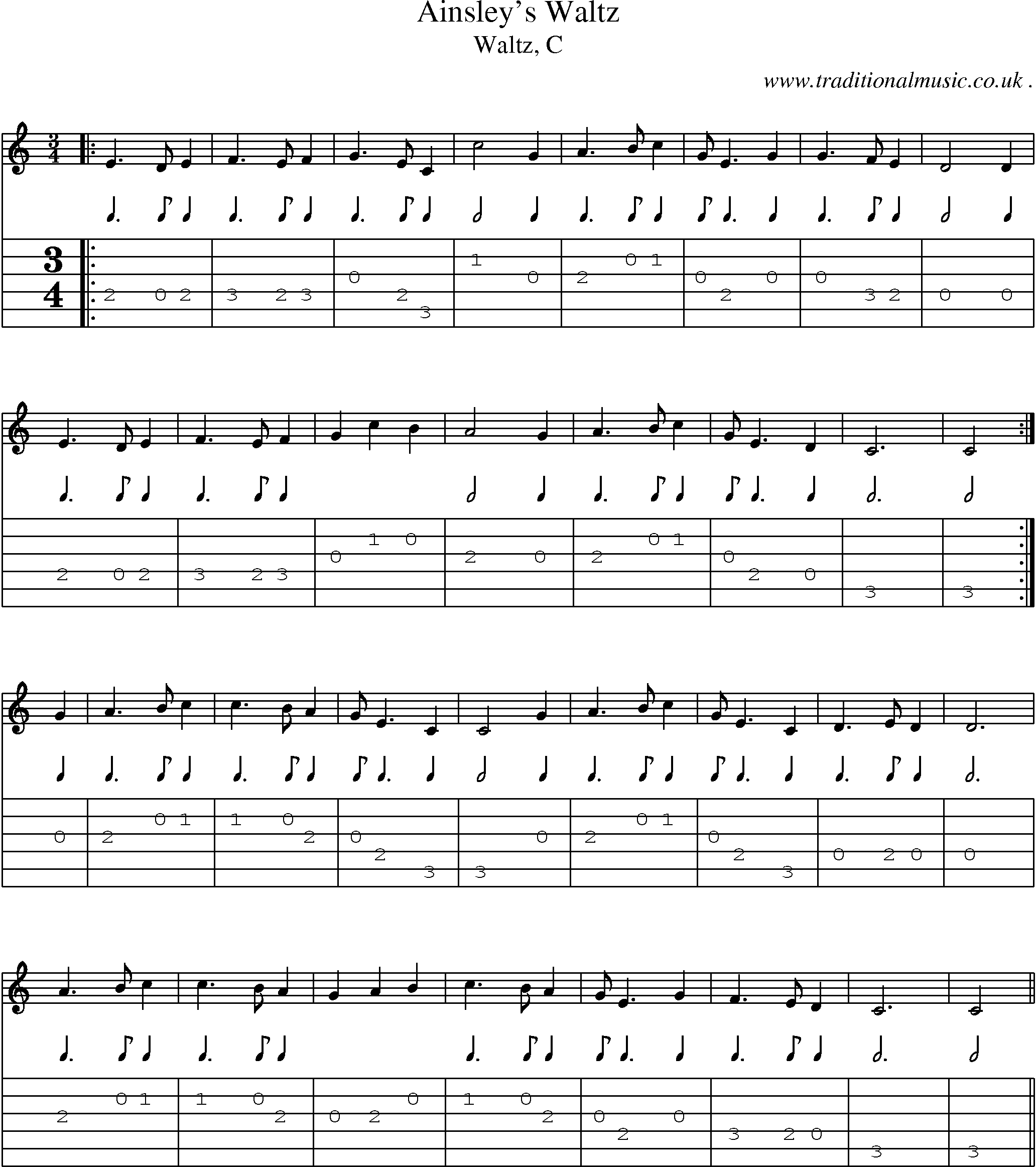Sheet-music  score, Chords and Guitar Tabs for Ainsleys Waltz