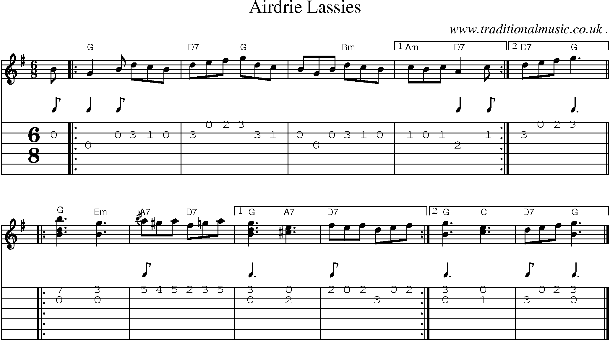 Sheet-music  score, Chords and Guitar Tabs for Airdrie Lassies