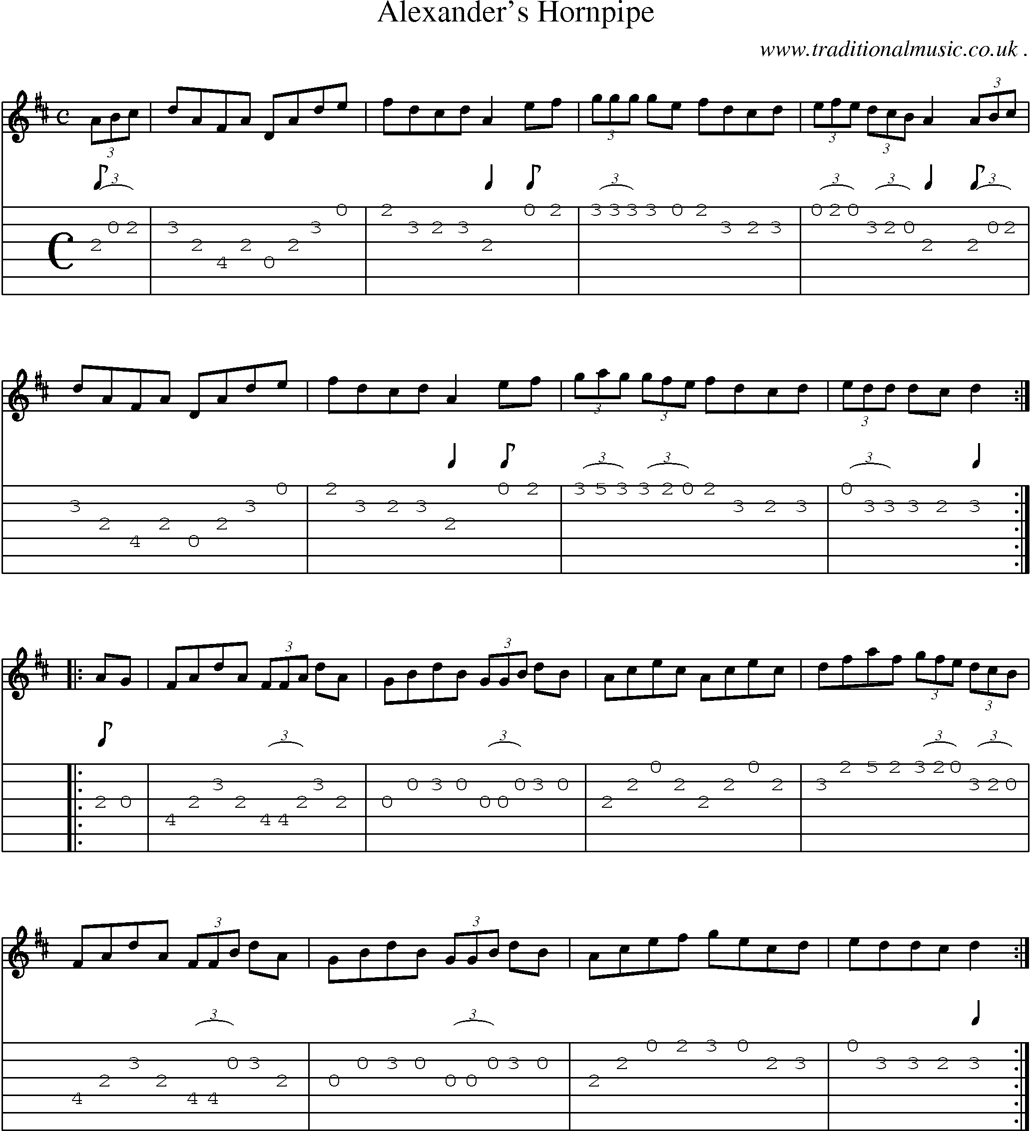 Sheet-music  score, Chords and Guitar Tabs for Alexanders Hornpipe