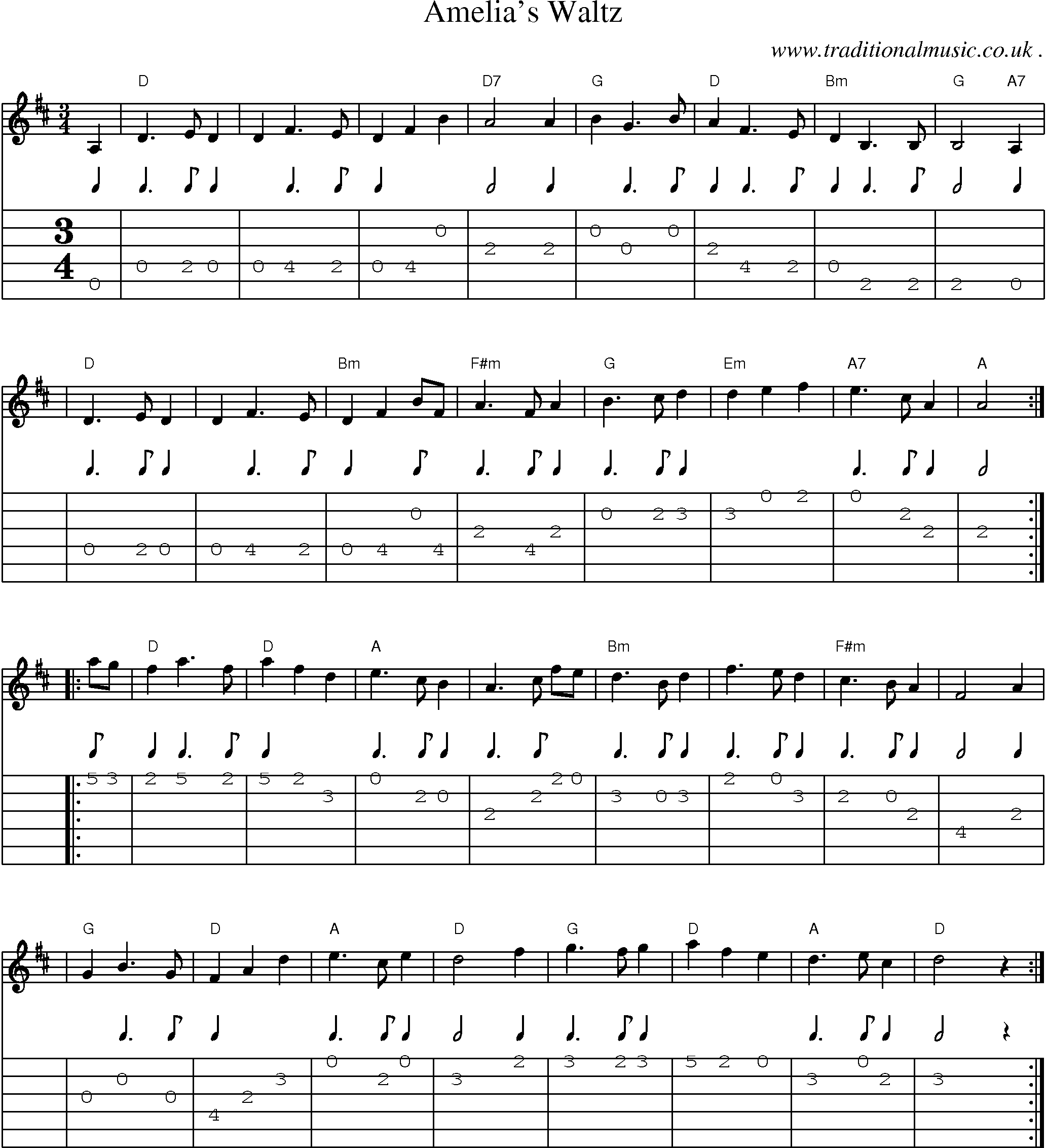 Sheet-music  score, Chords and Guitar Tabs for Amelias Waltz