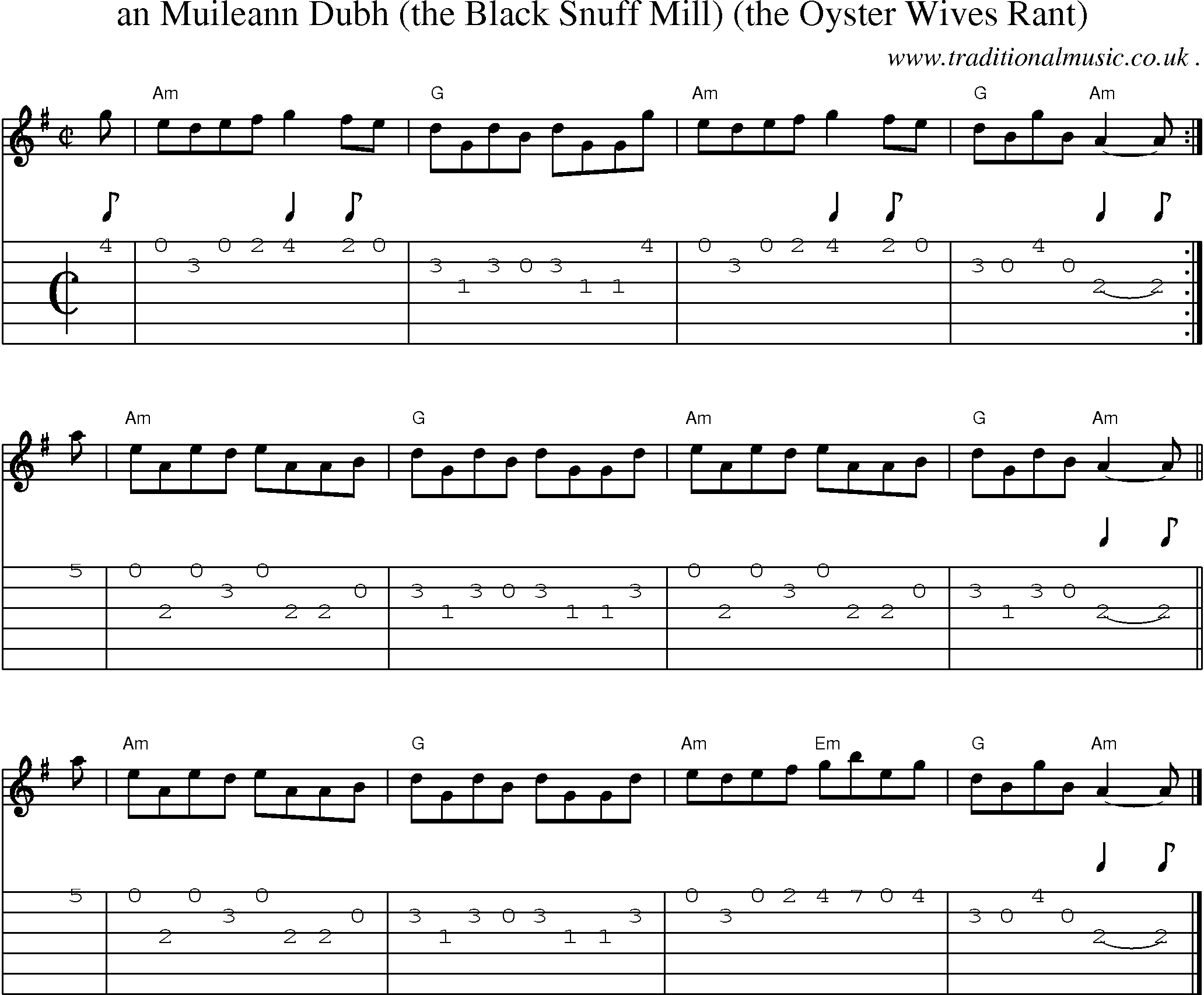 Sheet-music  score, Chords and Guitar Tabs for An Muileann Dubh The Black Snuff Mill The Oyster Wives Rant