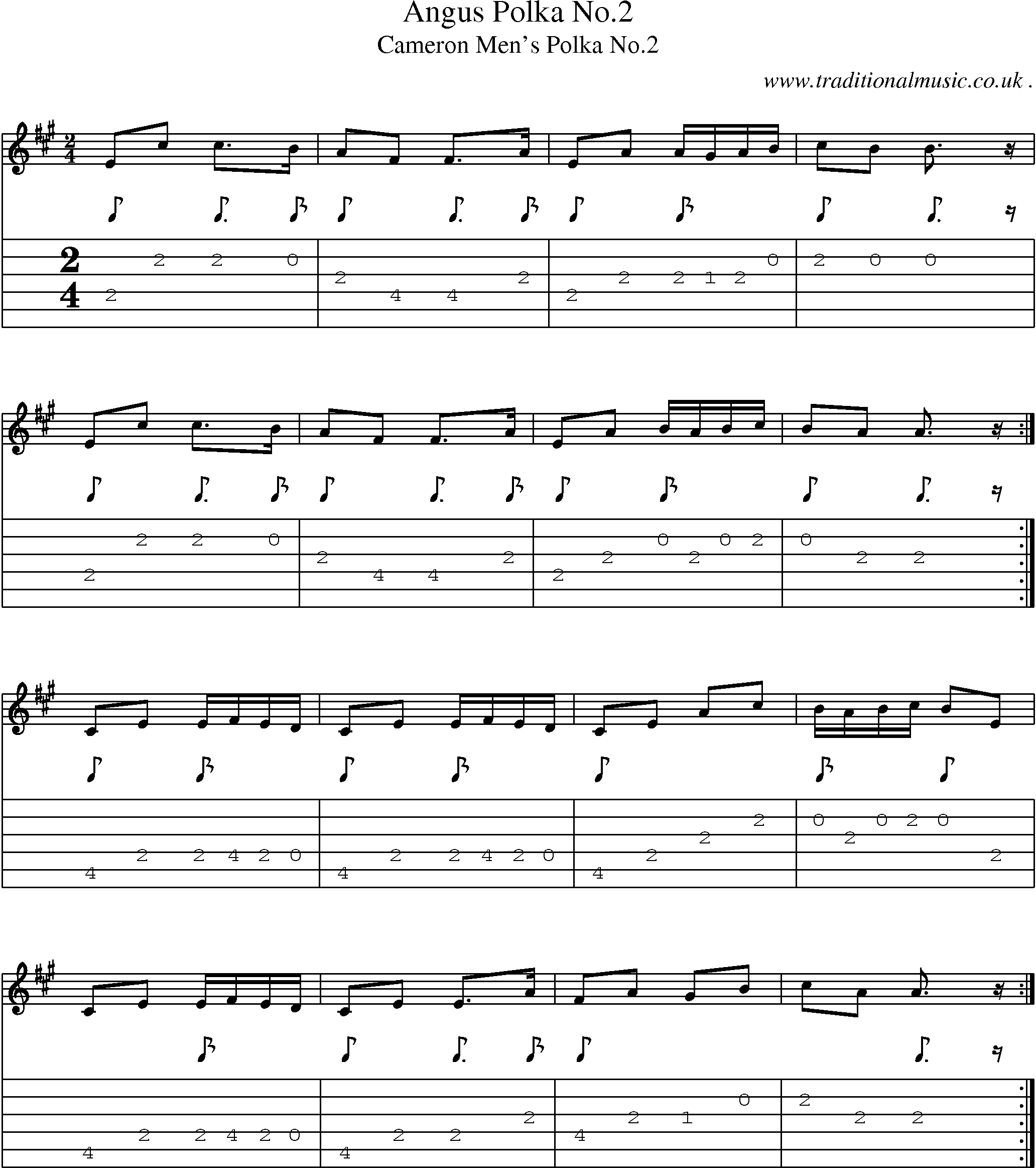 Sheet-music  score, Chords and Guitar Tabs for Angus Polka No2