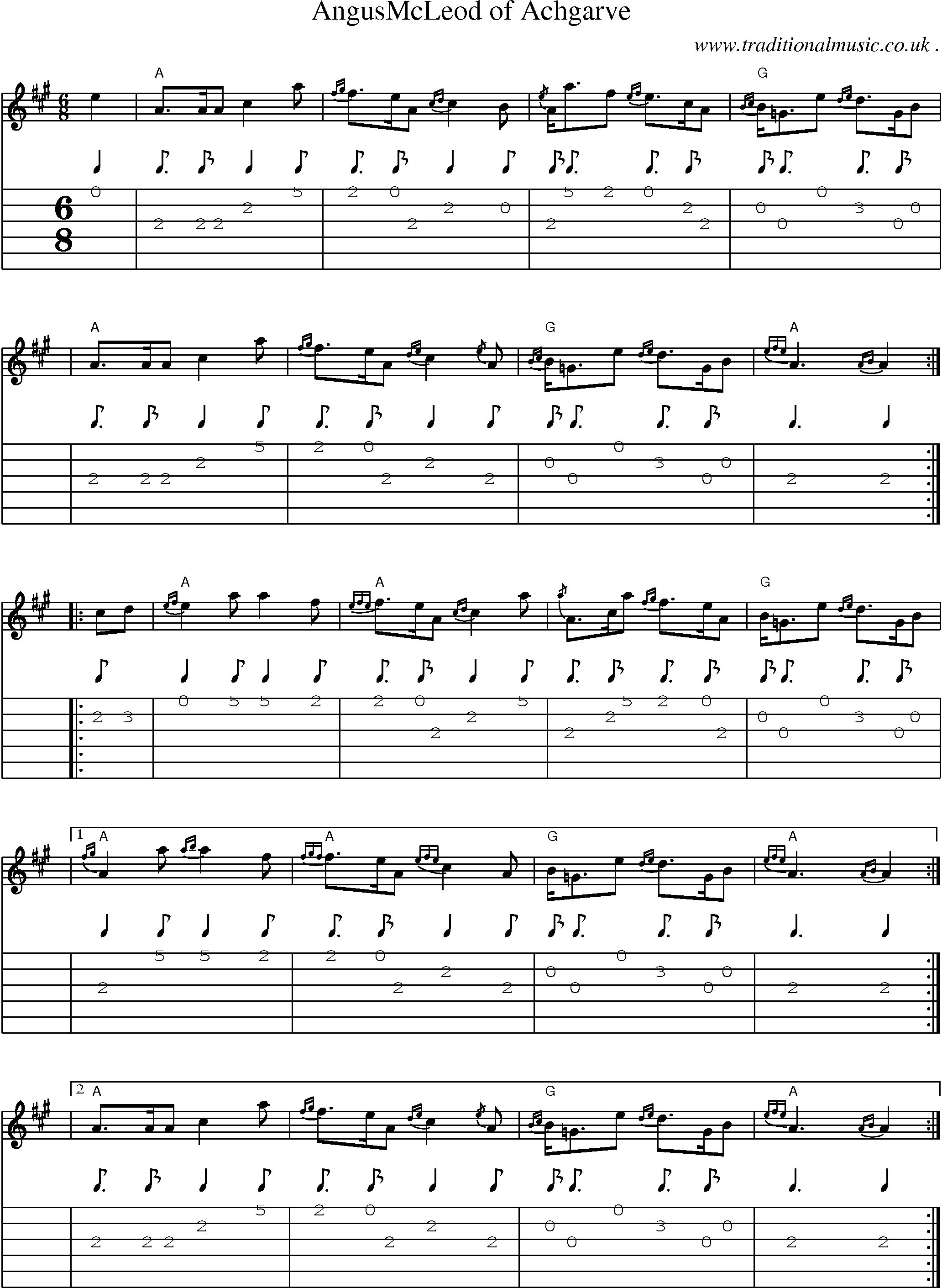Sheet-music  score, Chords and Guitar Tabs for Angusmcleod Of Achgarve