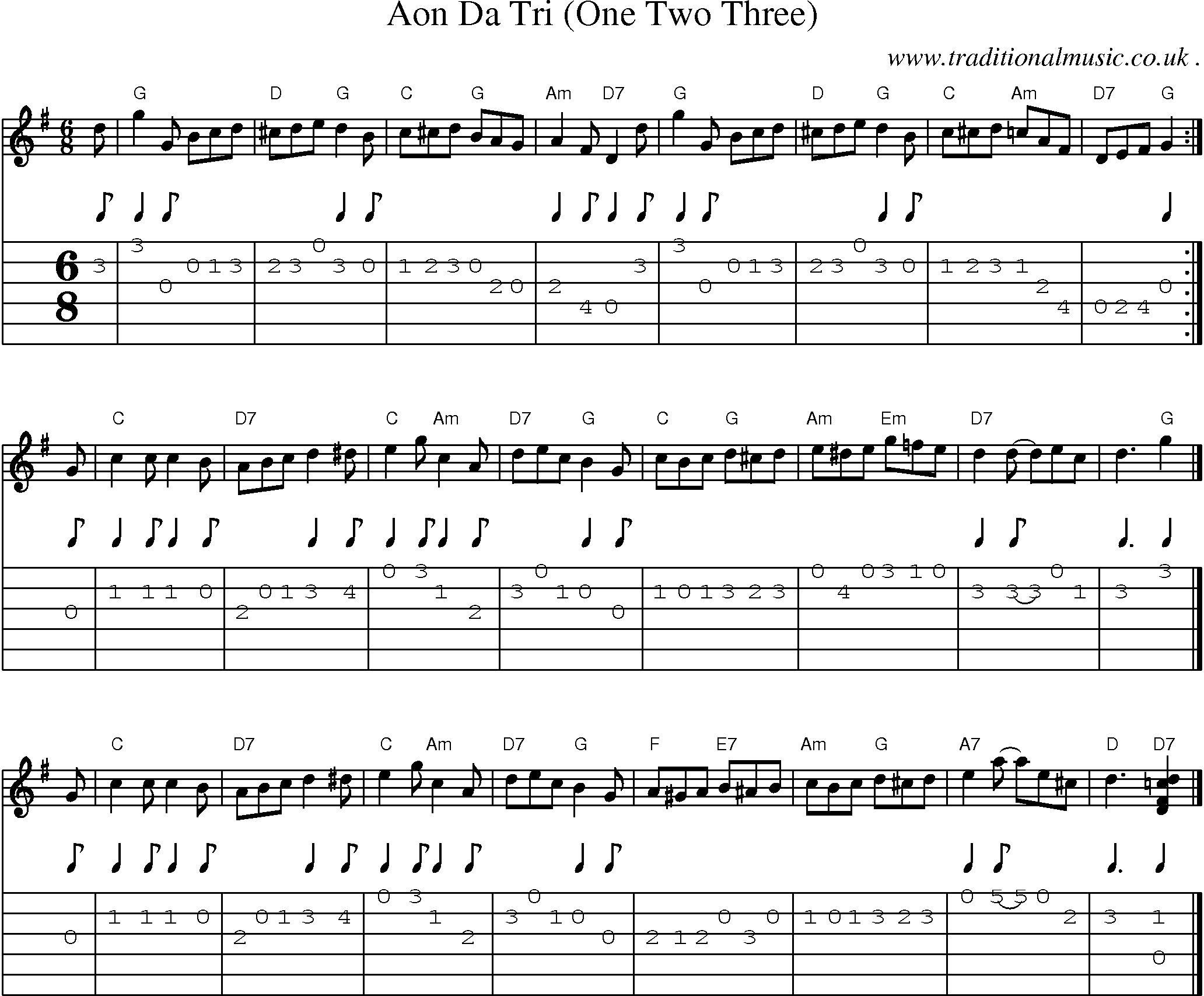Sheet-music  score, Chords and Guitar Tabs for Aon Da Tri One Two Three