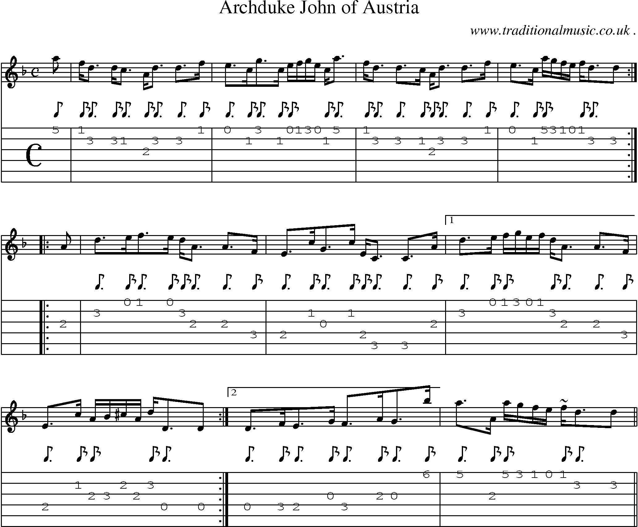 Sheet-music  score, Chords and Guitar Tabs for Archduke John Of Austria