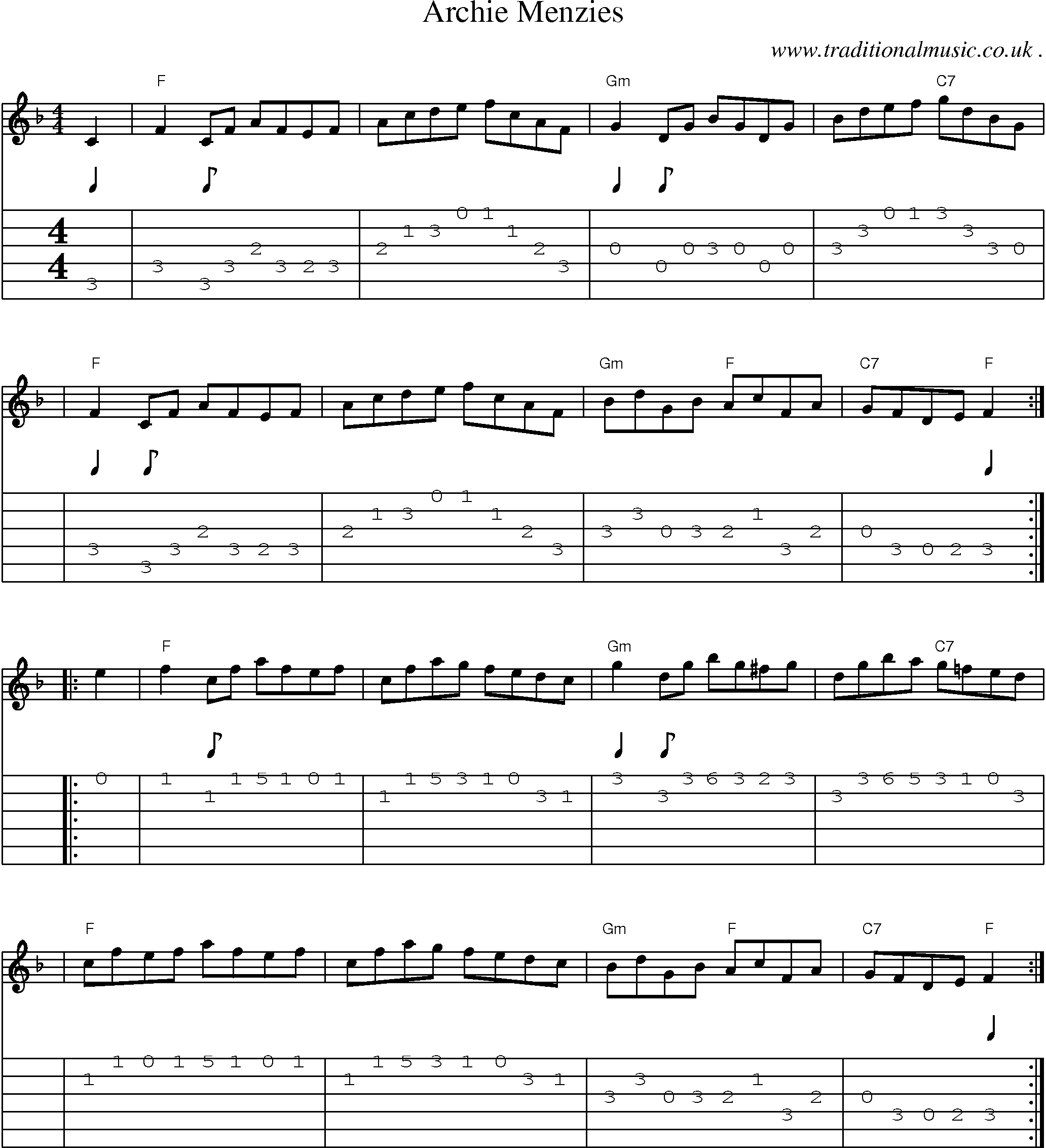 Sheet-music  score, Chords and Guitar Tabs for Archie Menzies