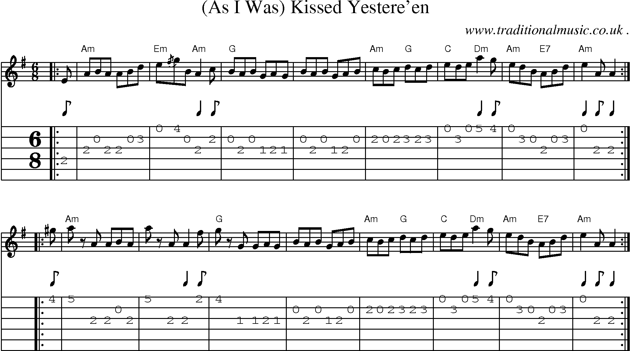 Sheet-music  score, Chords and Guitar Tabs for As I Was Kissed Yestereen