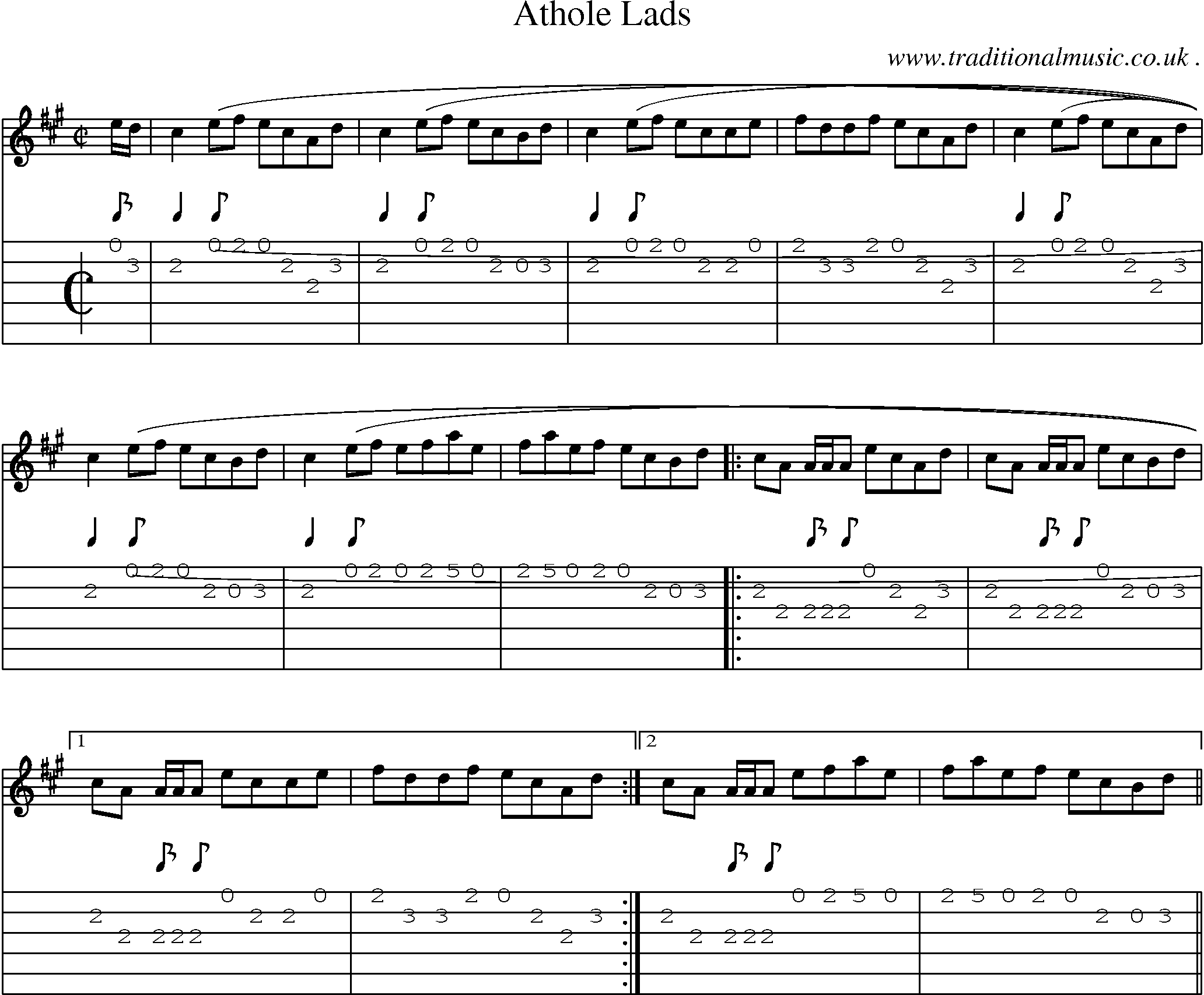 Sheet-music  score, Chords and Guitar Tabs for Athole Lads