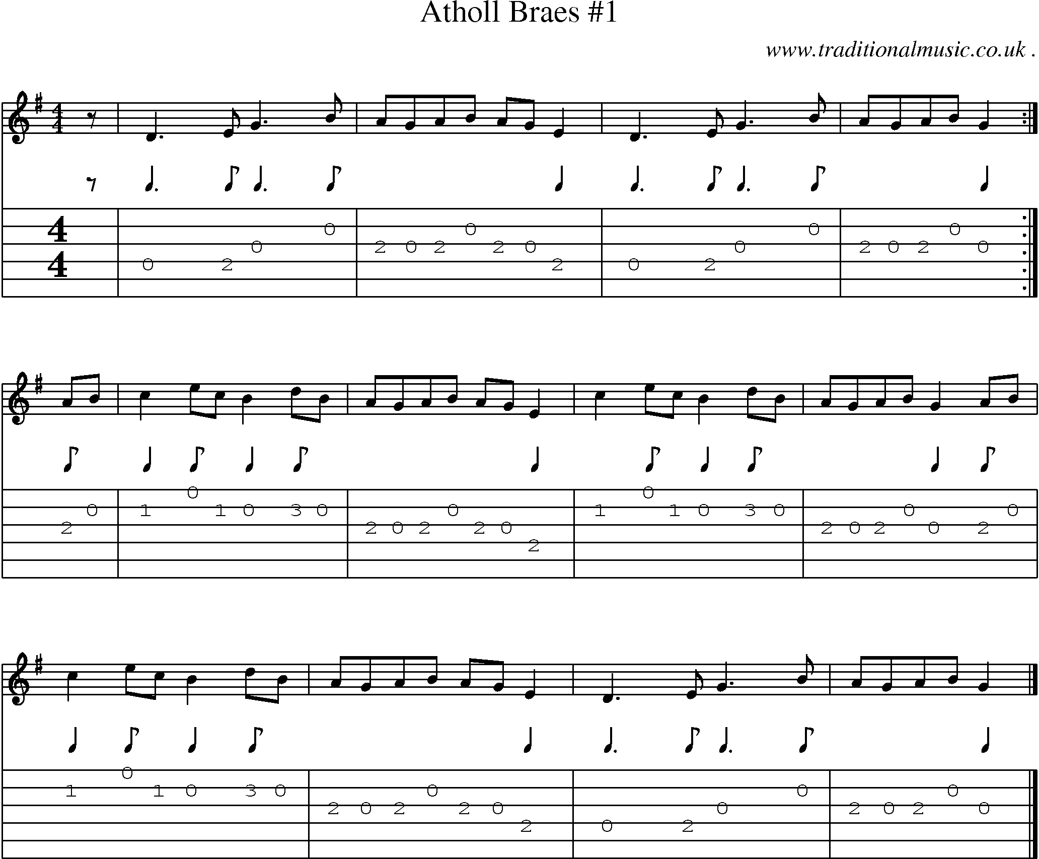 Sheet-music  score, Chords and Guitar Tabs for Atholl Braes 1