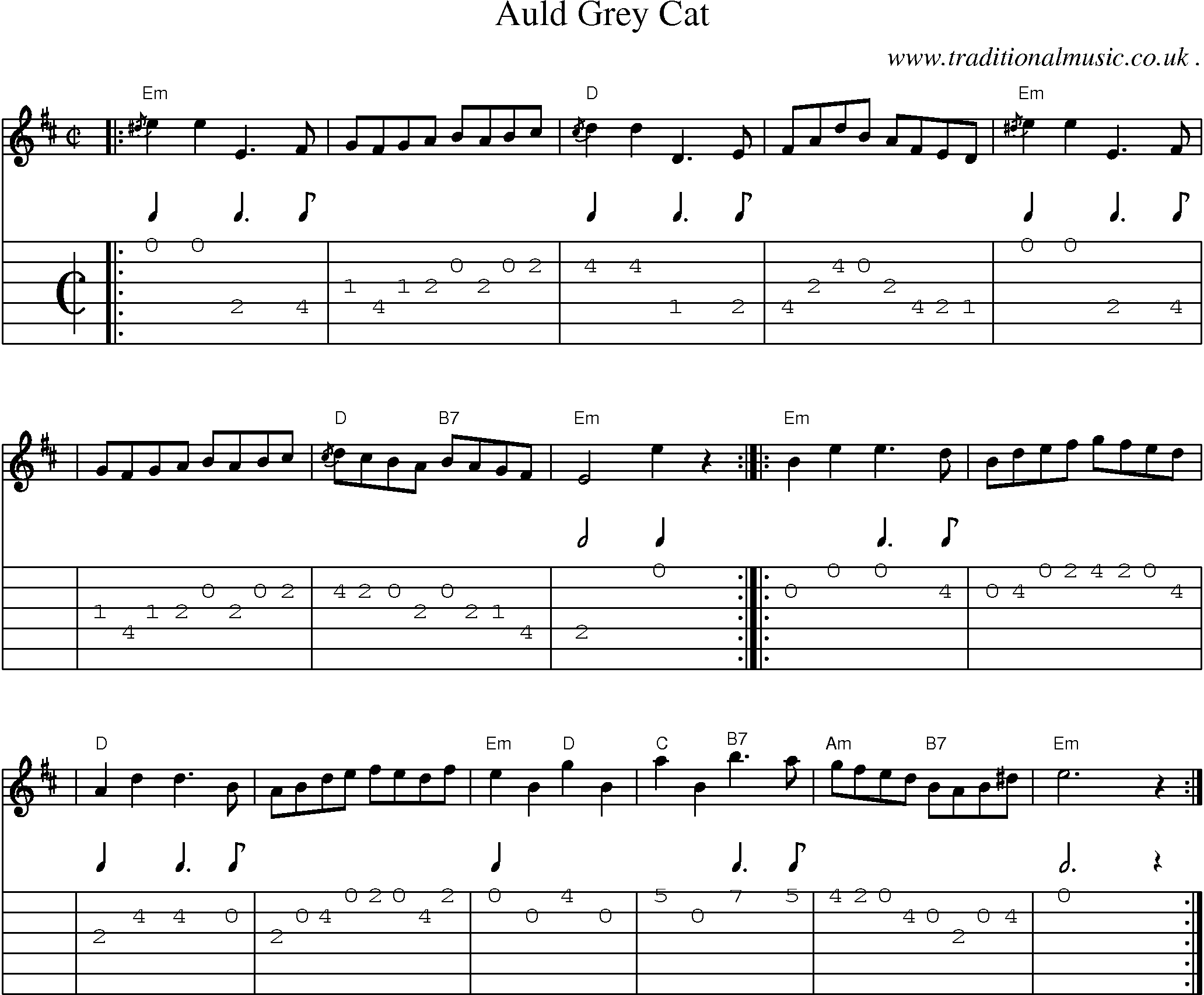 Sheet-music  score, Chords and Guitar Tabs for Auld Grey Cat