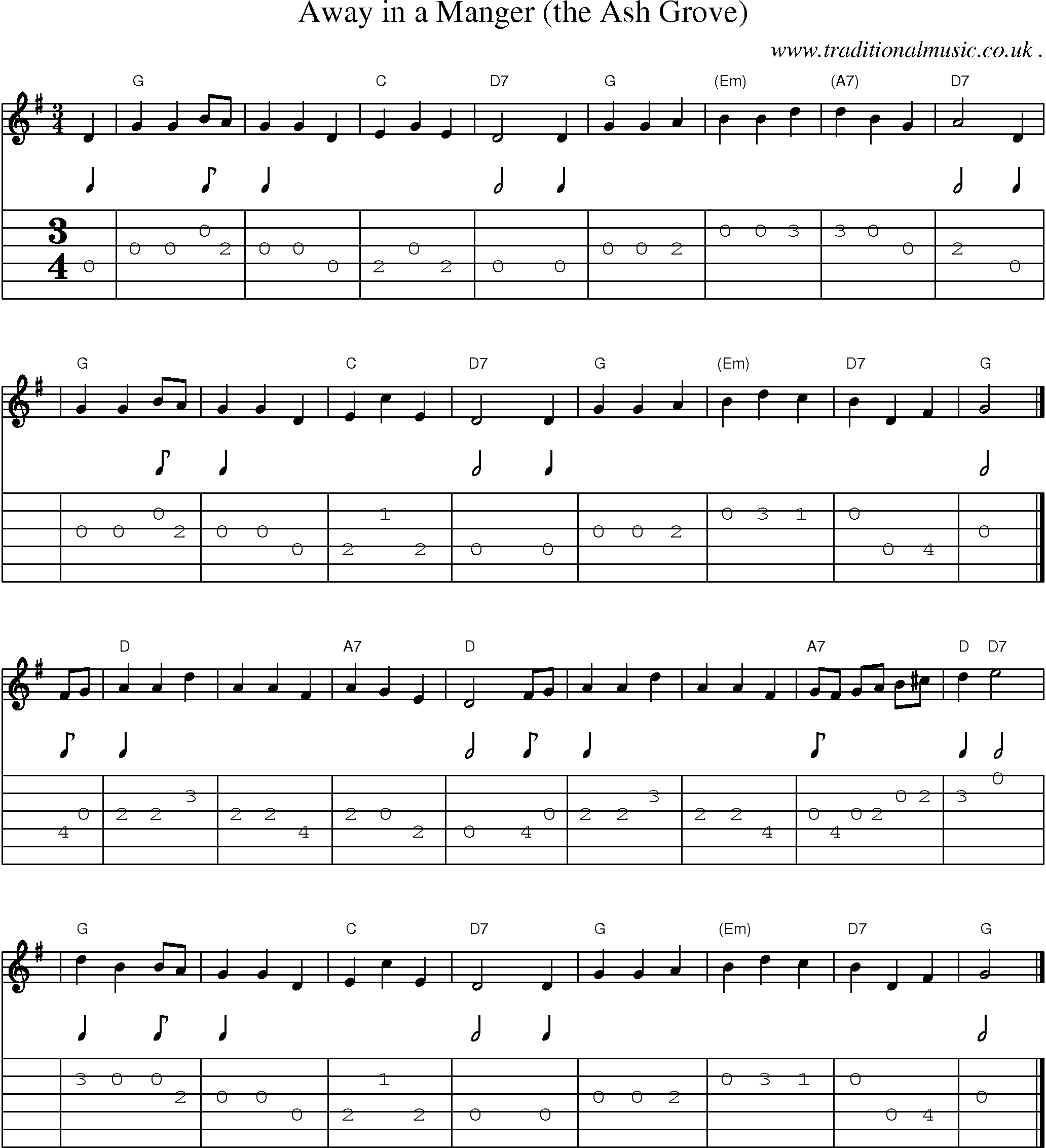 Sheet-music  score, Chords and Guitar Tabs for Away In A Manger The Ash Grove