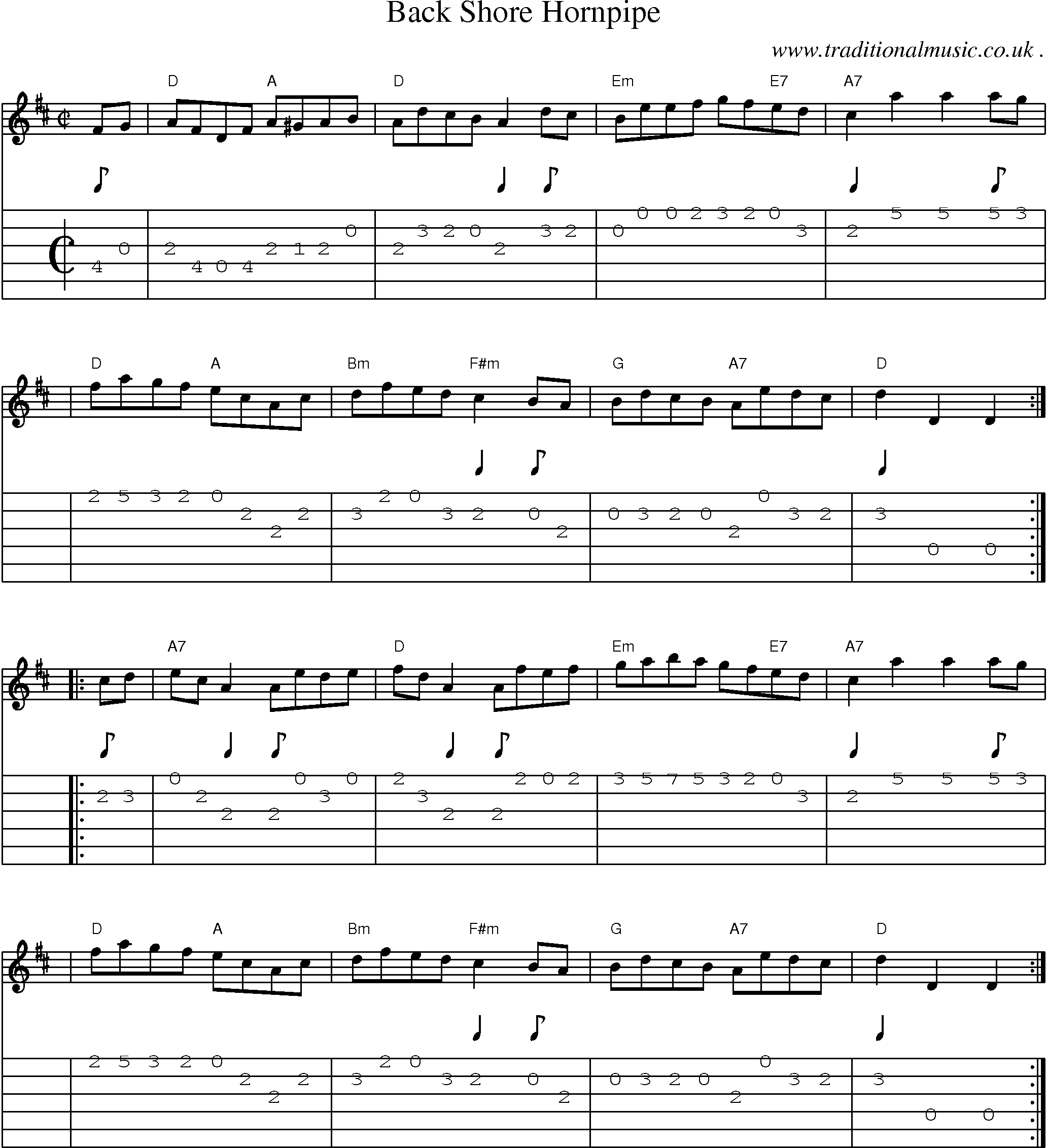 Sheet-music  score, Chords and Guitar Tabs for Back Shore Hornpipe