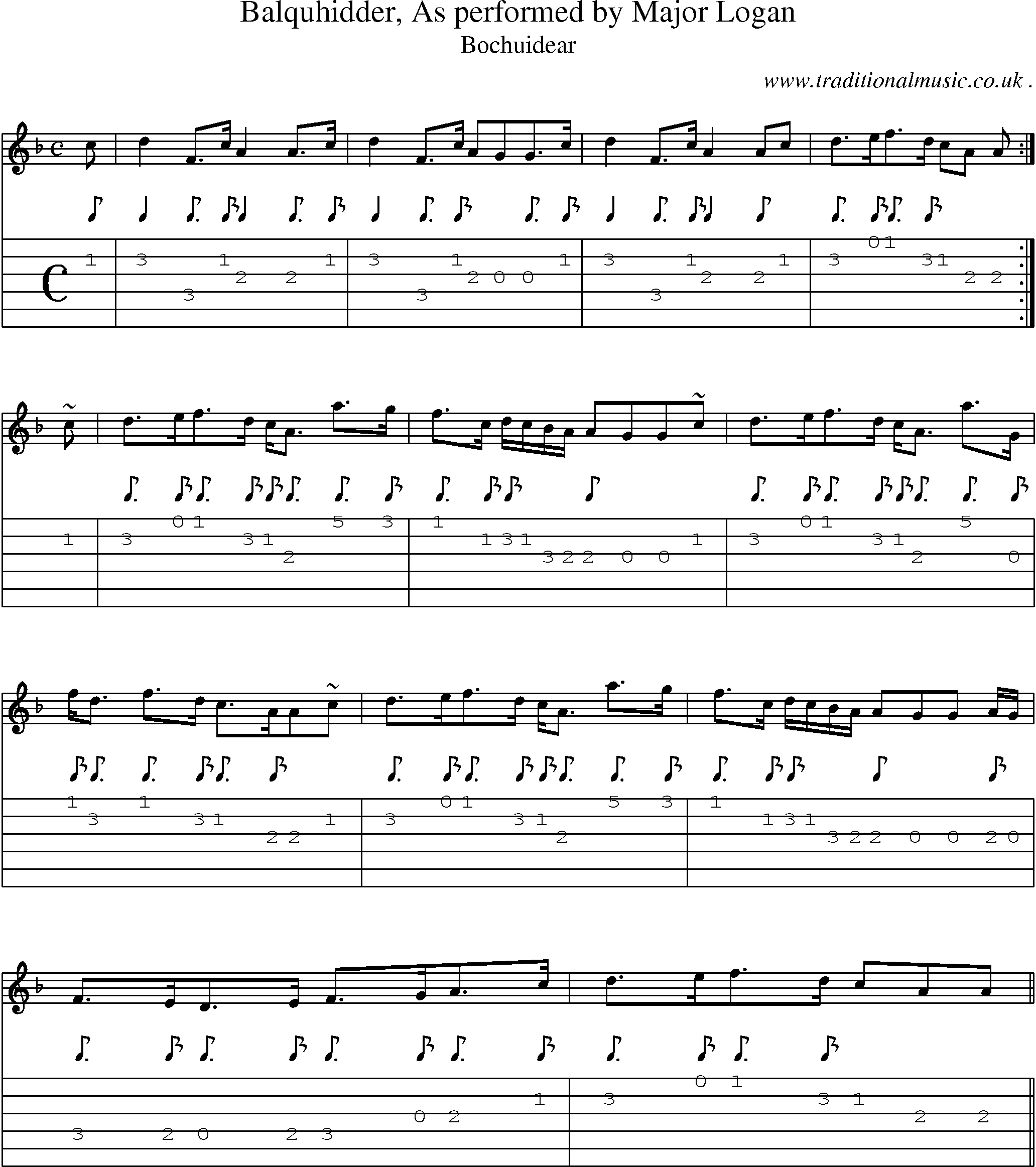 Sheet-music  score, Chords and Guitar Tabs for Balquhidder As Performed By Major Logan