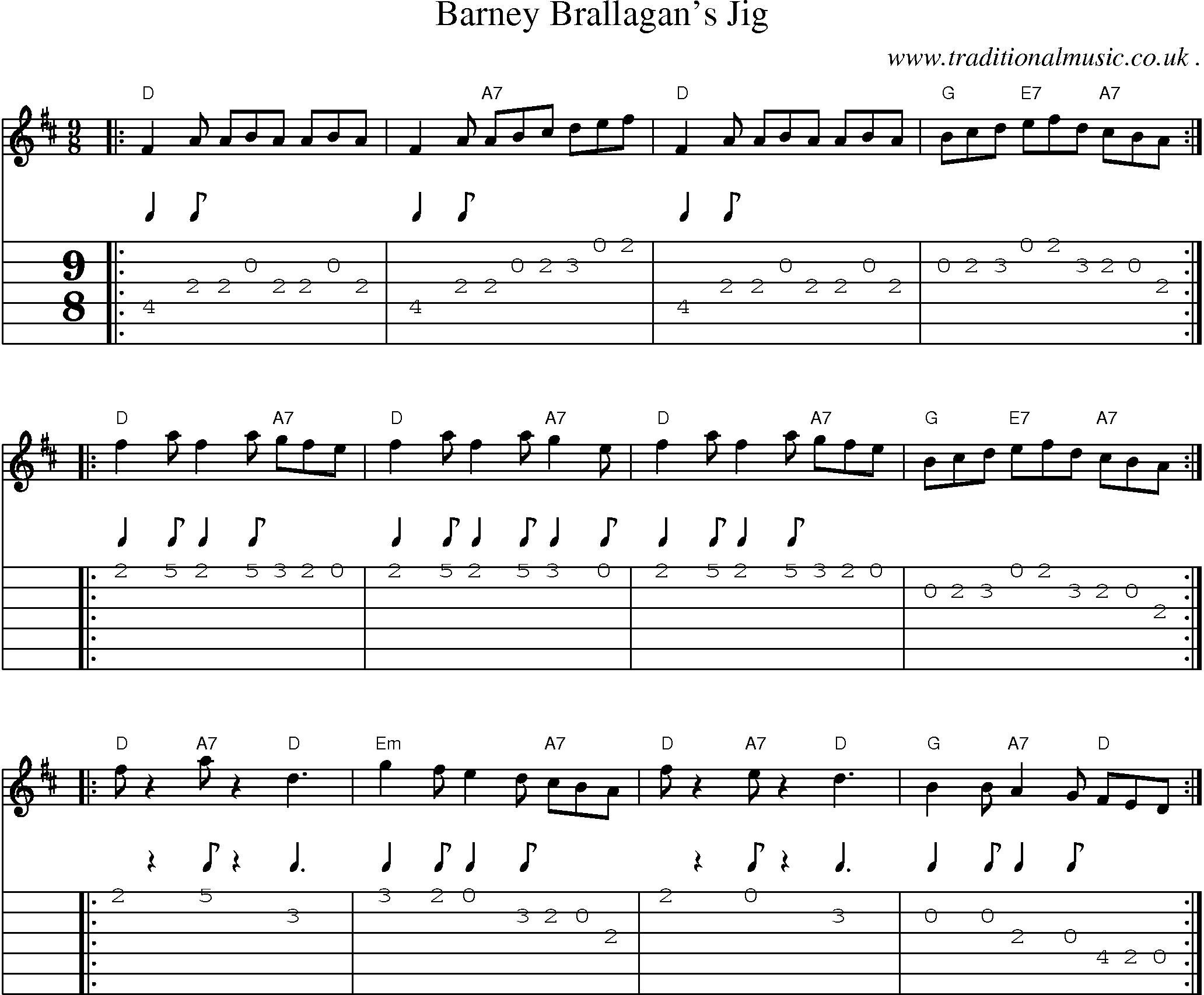 Sheet-music  score, Chords and Guitar Tabs for Barney Brallagans Jig