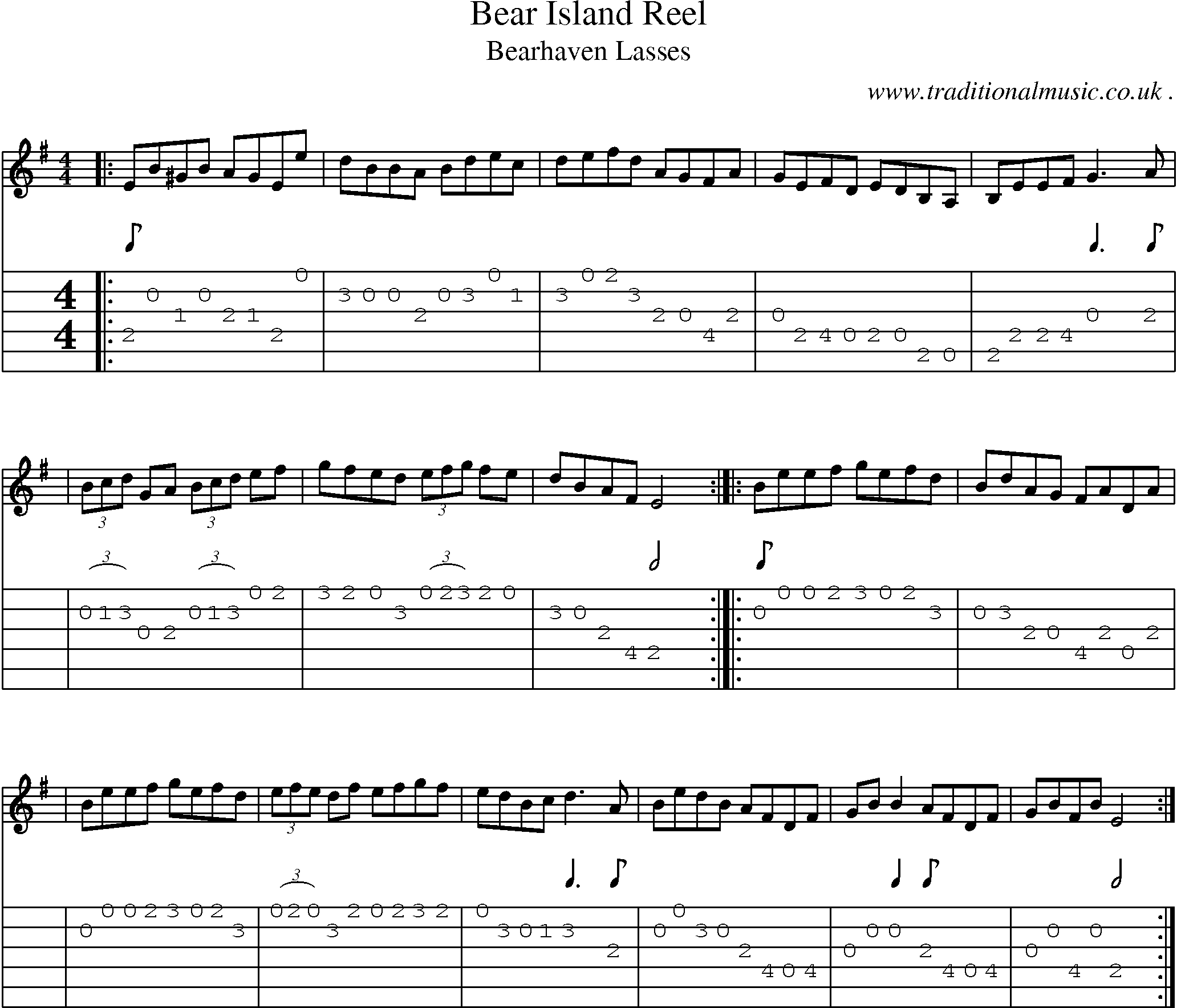 Sheet-music  score, Chords and Guitar Tabs for Bear Island Reel