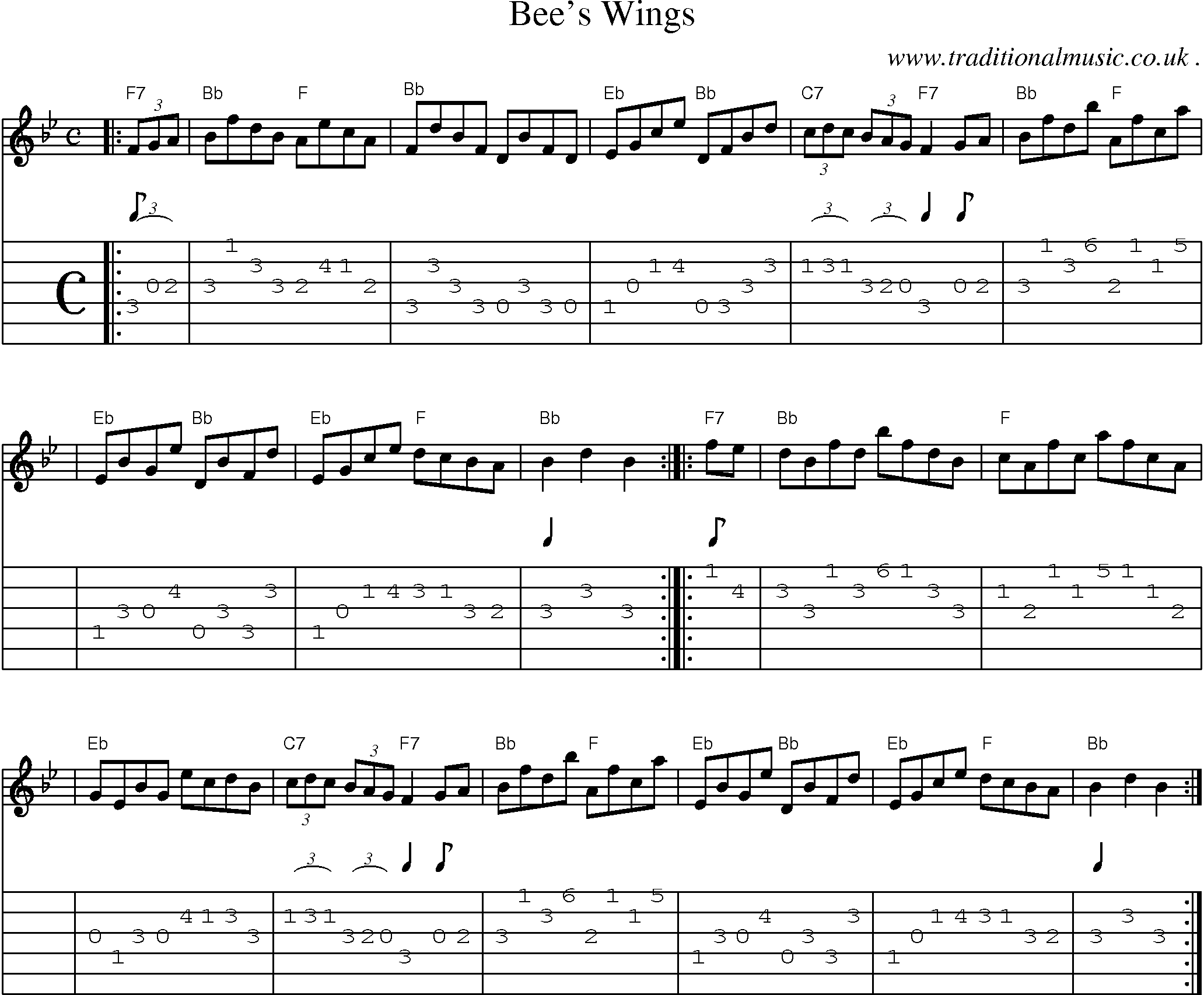 Sheet-music  score, Chords and Guitar Tabs for Bees Wings