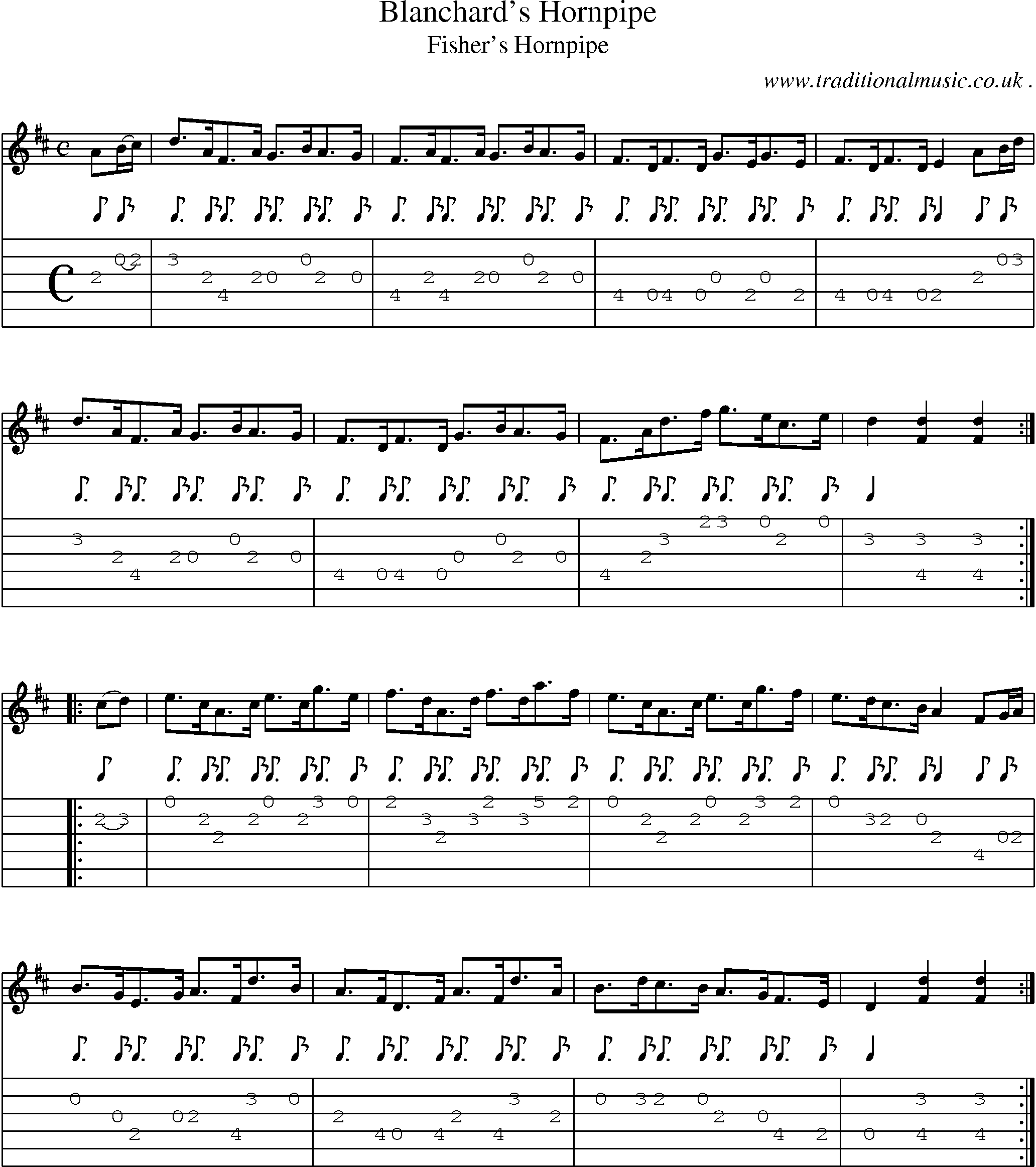 Sheet-music  score, Chords and Guitar Tabs for Blanchards Hornpipe