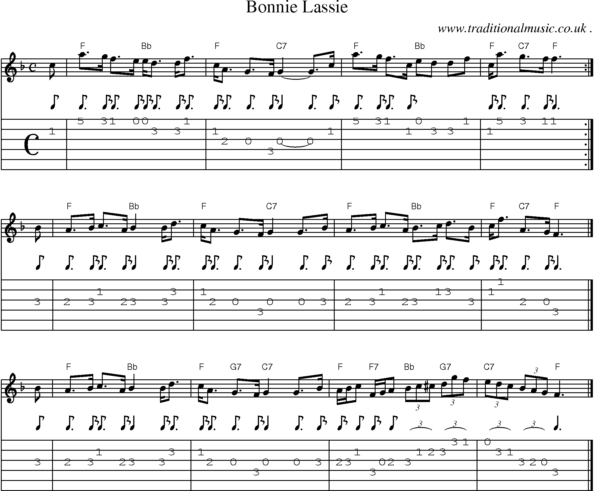 Sheet-music  score, Chords and Guitar Tabs for Bonnie Lassie