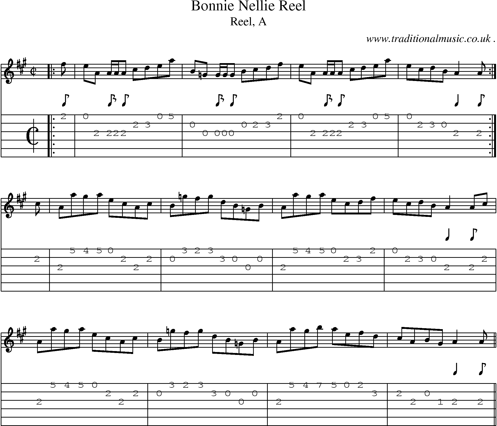 Sheet-music  score, Chords and Guitar Tabs for Bonnie Nellie Reel