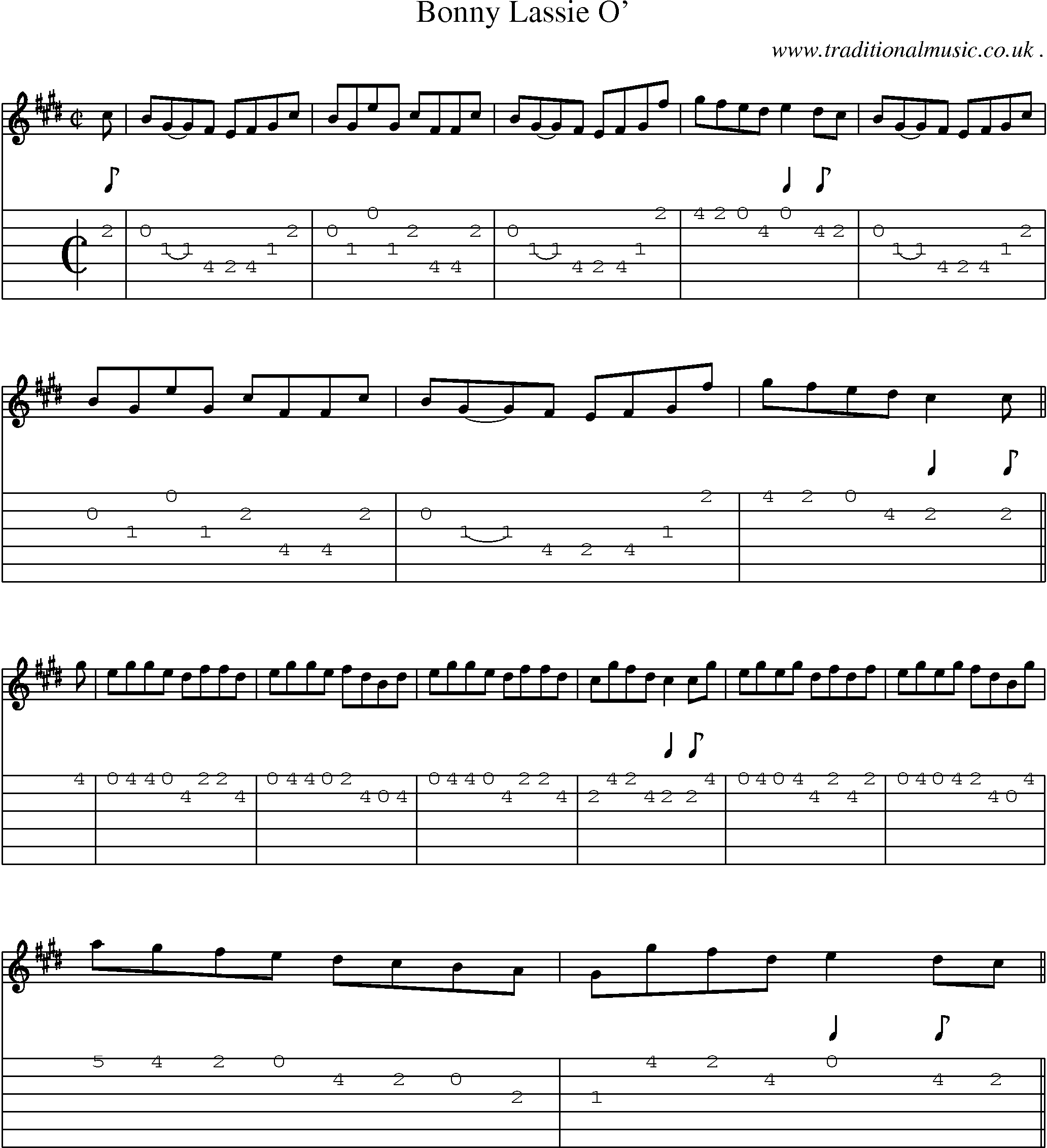 Sheet-music  score, Chords and Guitar Tabs for Bonny Lassie O