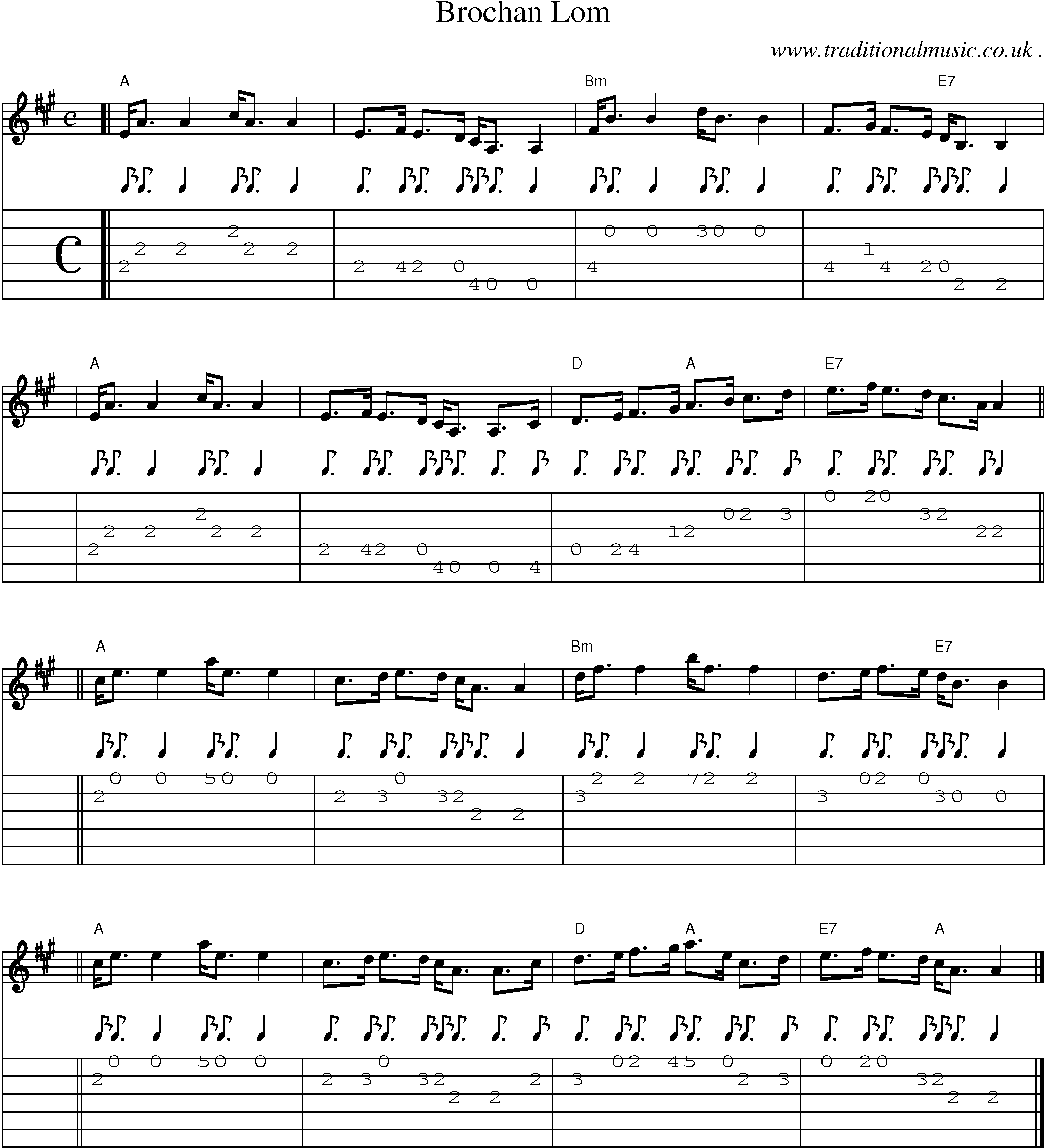 Sheet-music  score, Chords and Guitar Tabs for Brochan Lom