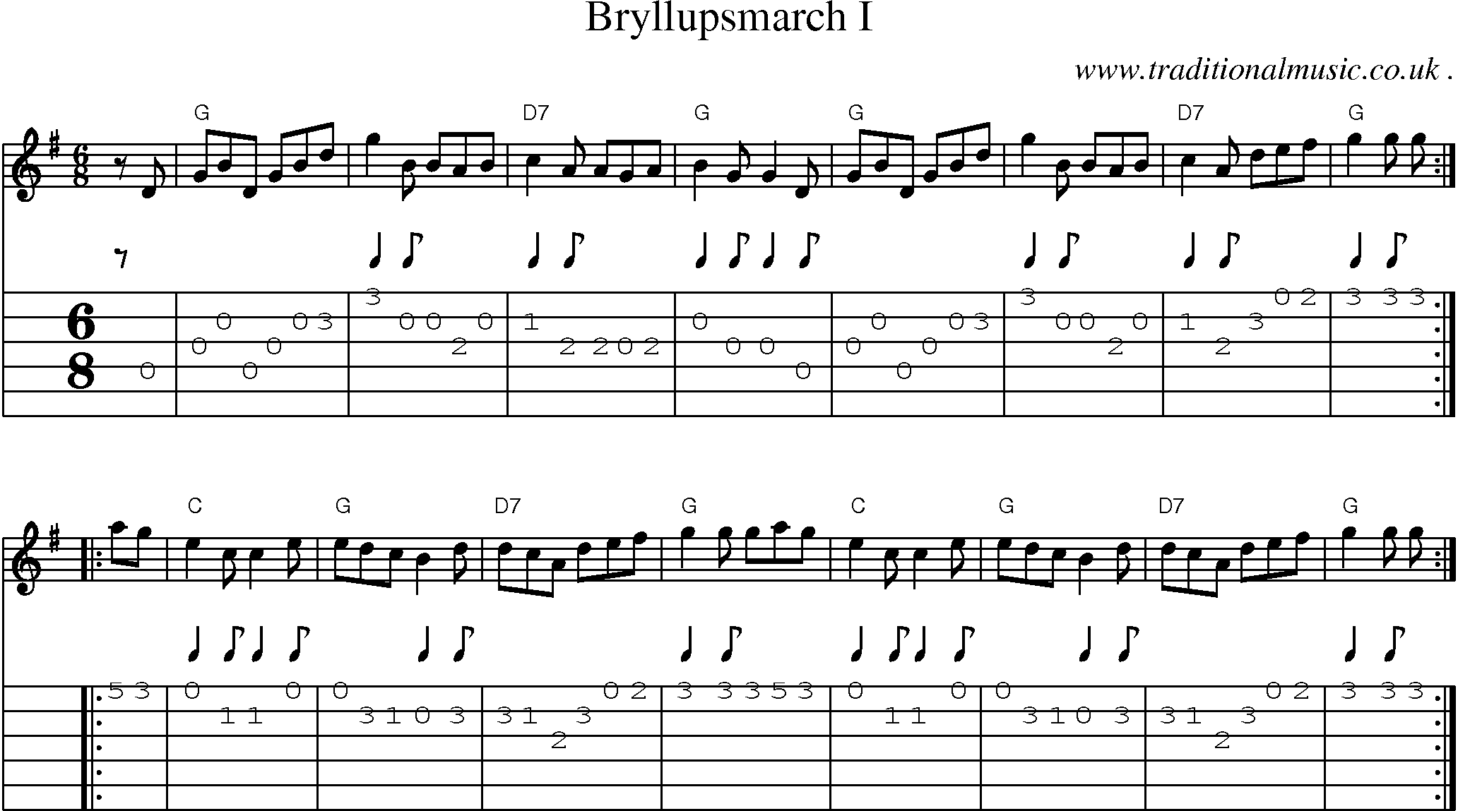 Sheet-music  score, Chords and Guitar Tabs for Bryllupsmarch I