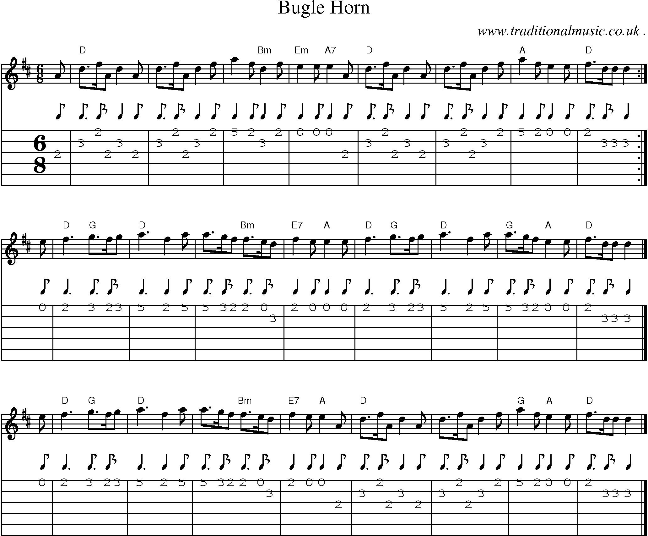 Sheet-music  score, Chords and Guitar Tabs for Bugle Horn