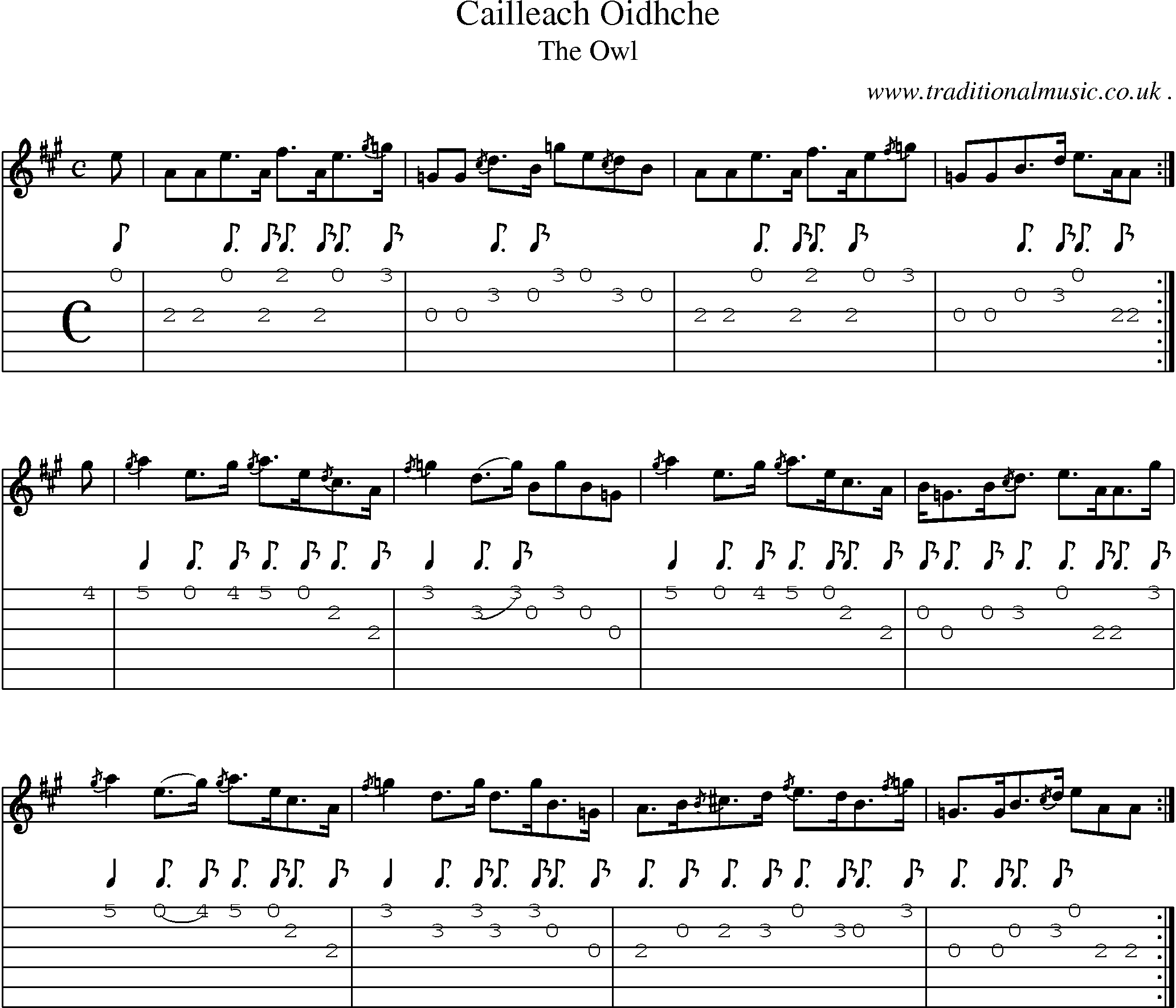 Sheet-music  score, Chords and Guitar Tabs for Cailleach Oidhche