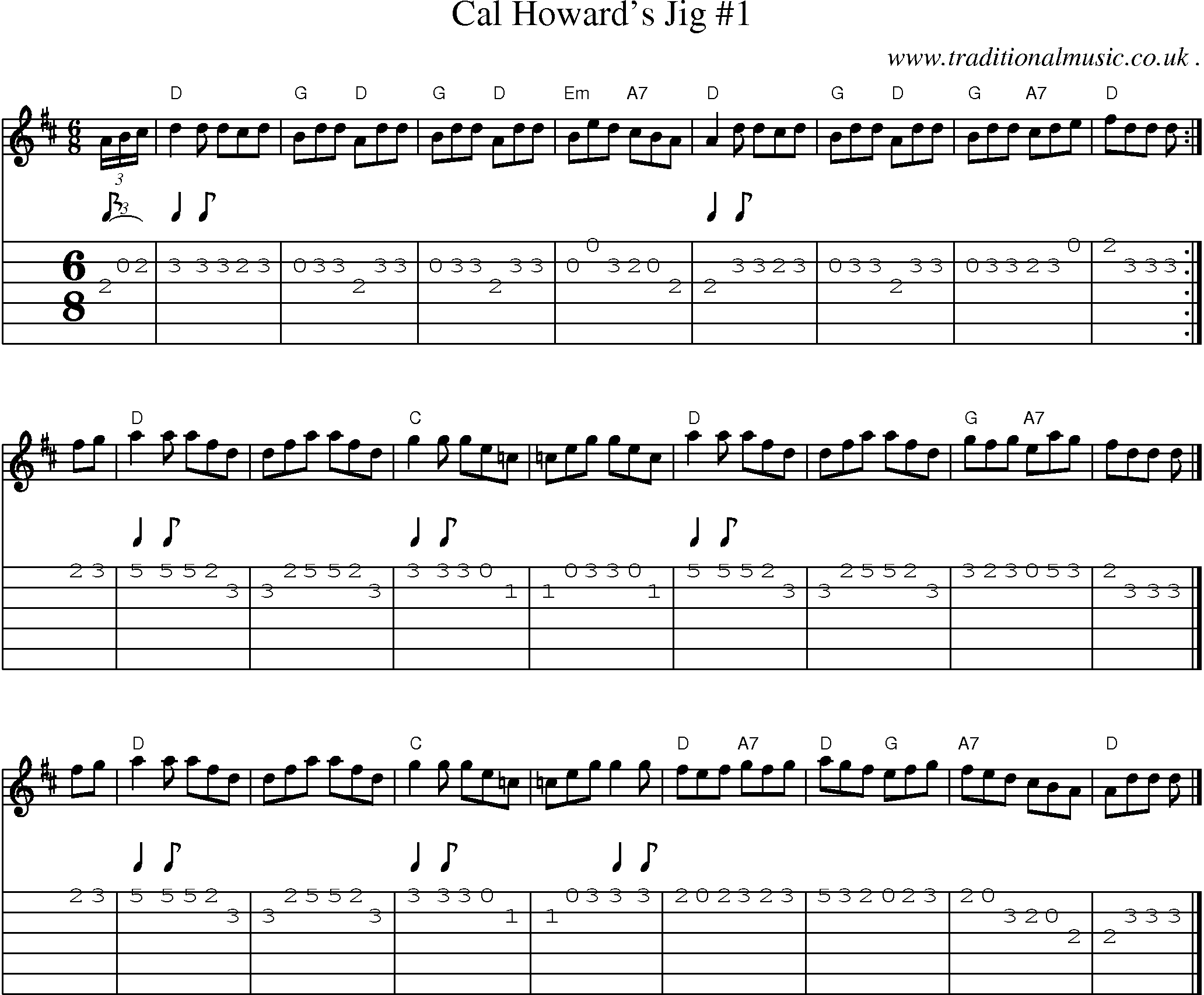 Sheet-music  score, Chords and Guitar Tabs for Cal Howards Jig 1