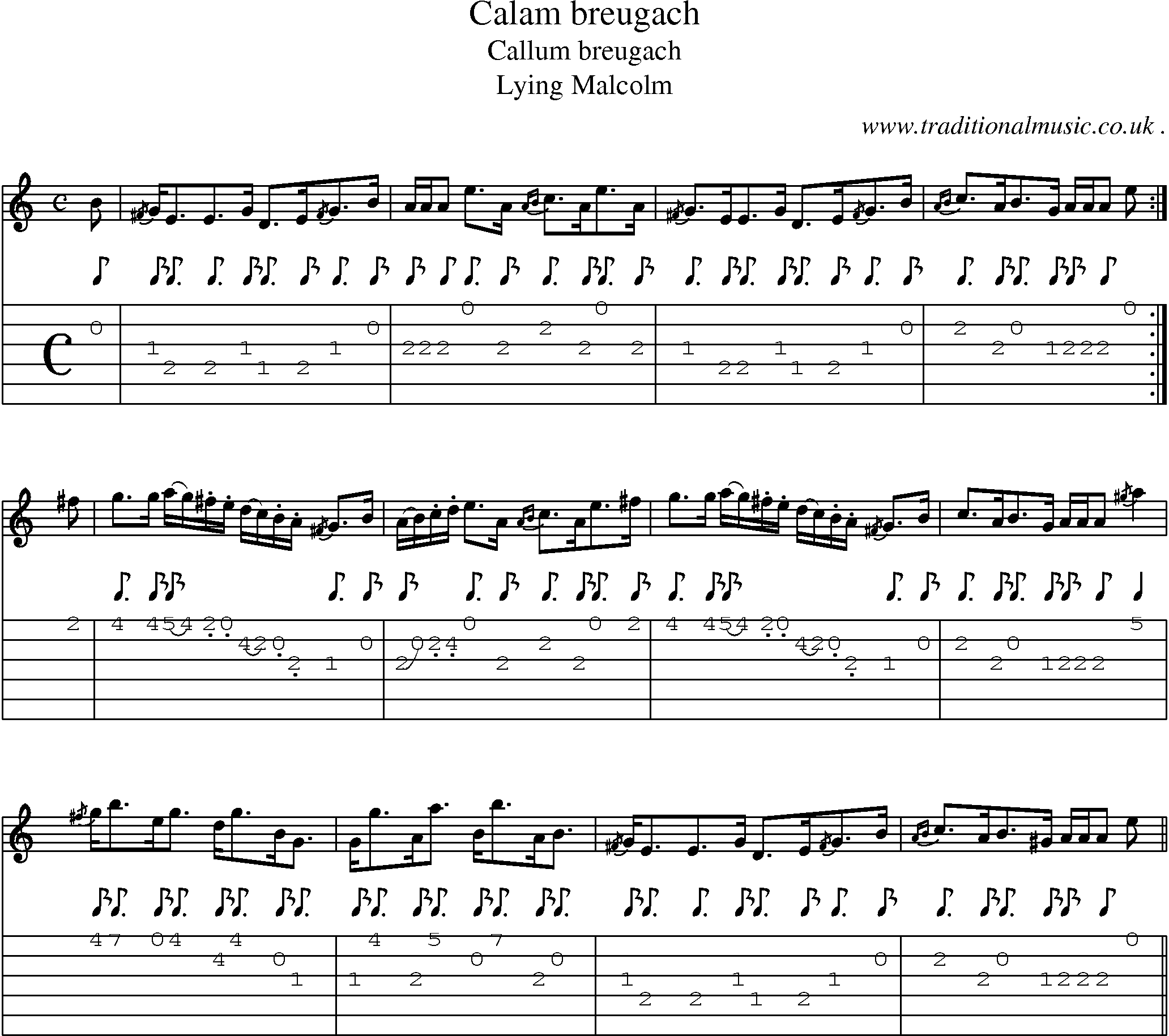 Sheet-music  score, Chords and Guitar Tabs for Calam Breugach