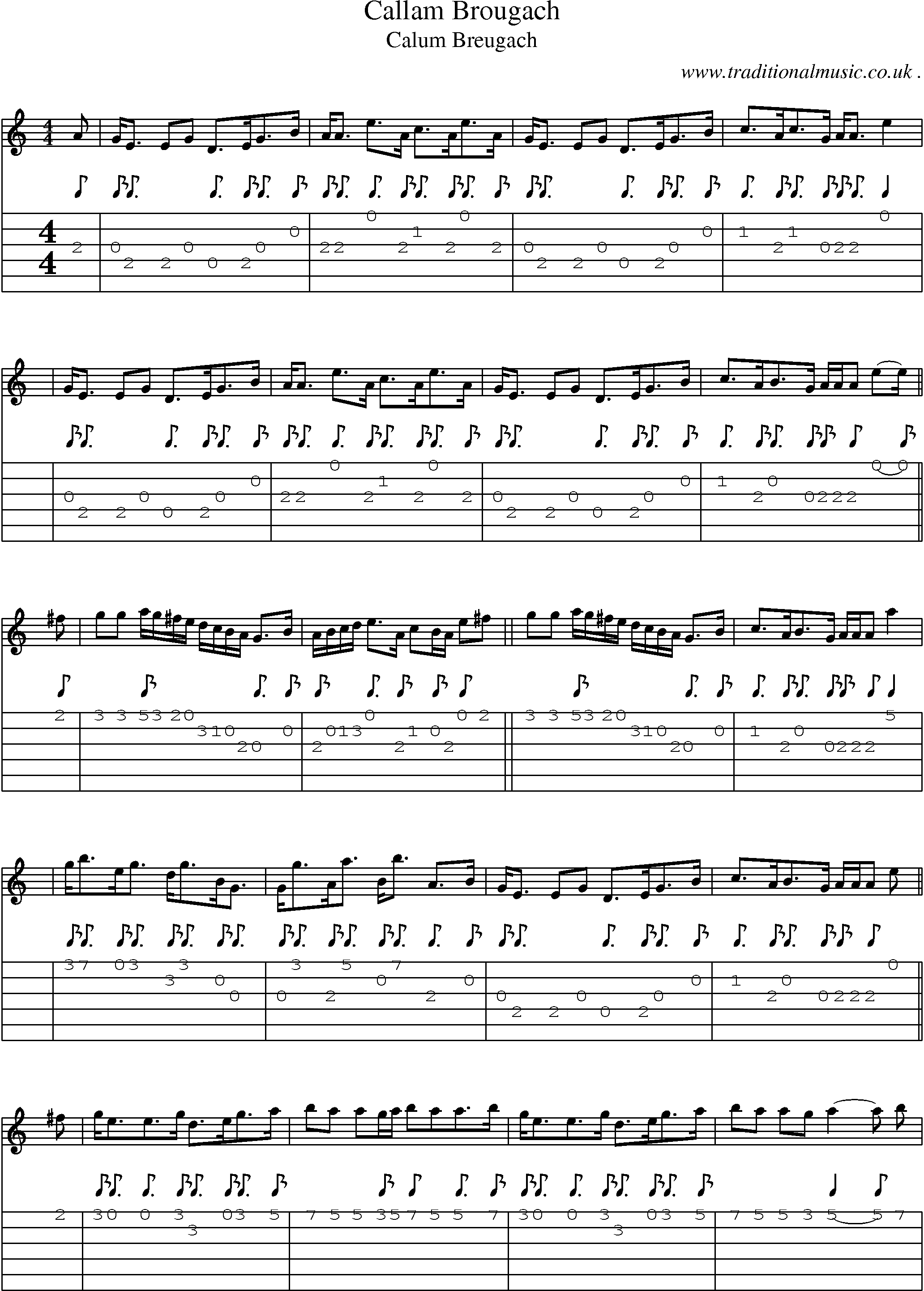 Sheet-music  score, Chords and Guitar Tabs for Callam Brougach