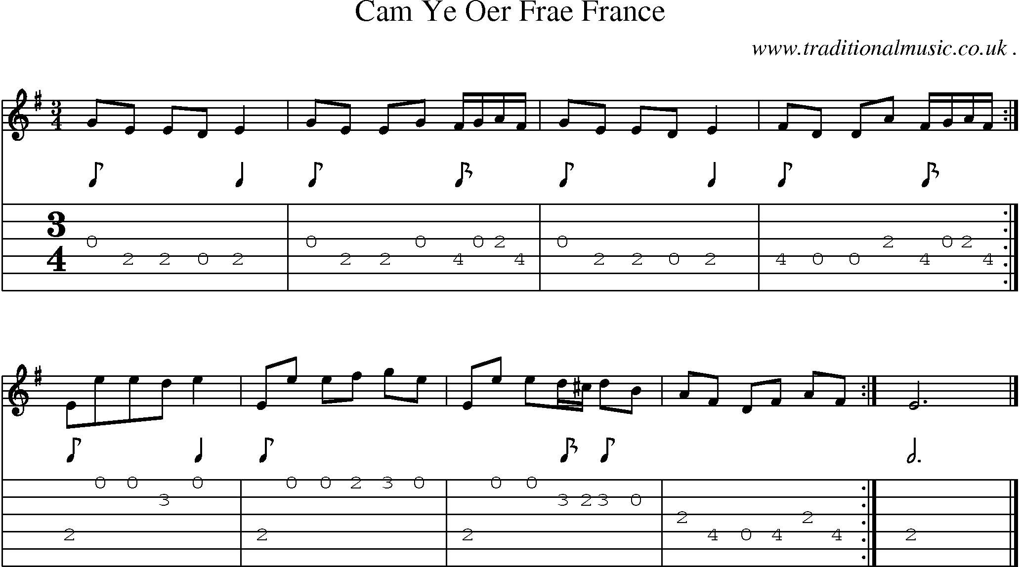 Sheet-music  score, Chords and Guitar Tabs for Cam Ye Oer Frae France