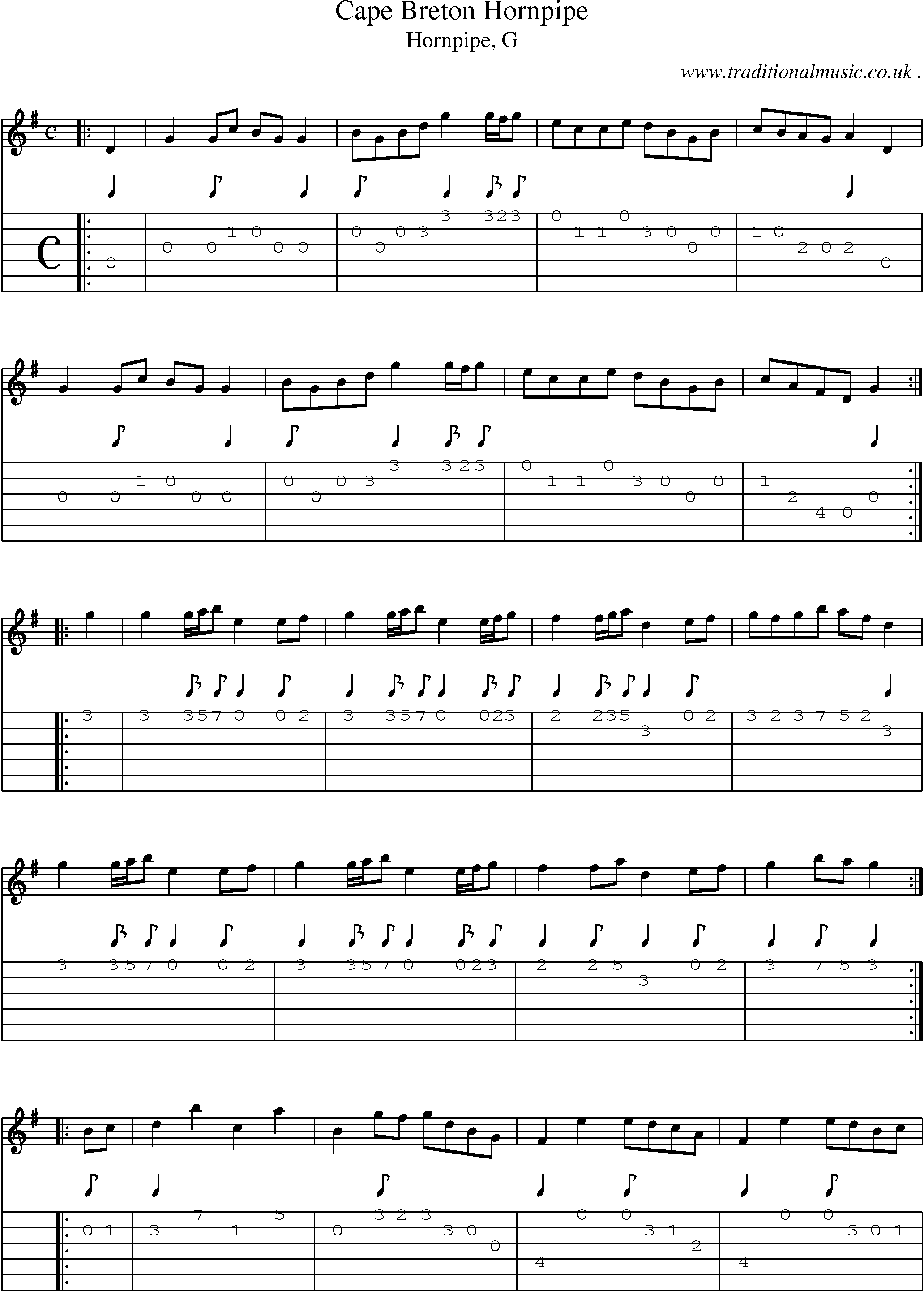 Sheet-music  score, Chords and Guitar Tabs for Cape Breton Hornpipe