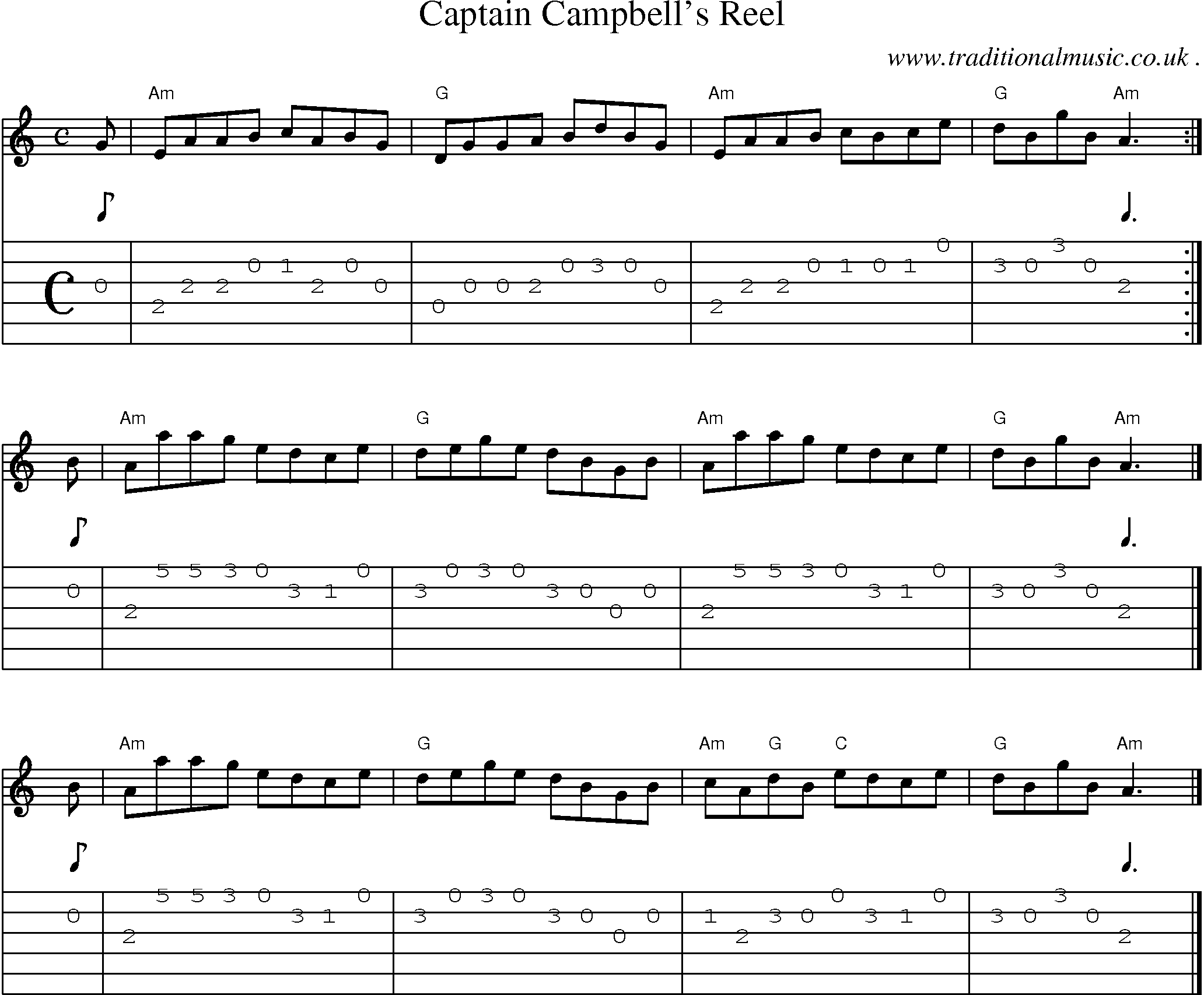 Sheet-music  score, Chords and Guitar Tabs for Captain Campbells Reel