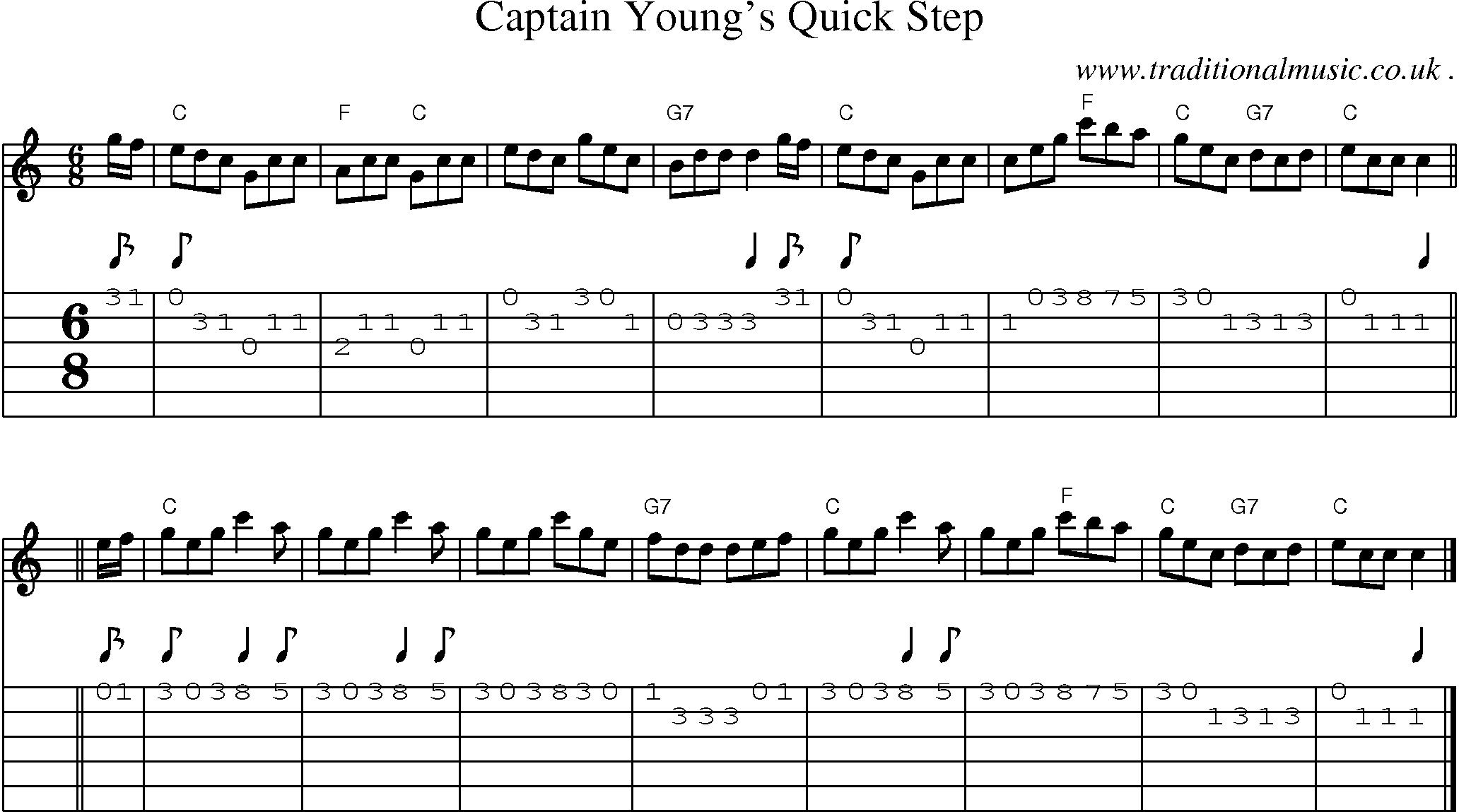 Sheet-music  score, Chords and Guitar Tabs for Captain Youngs Quick Step