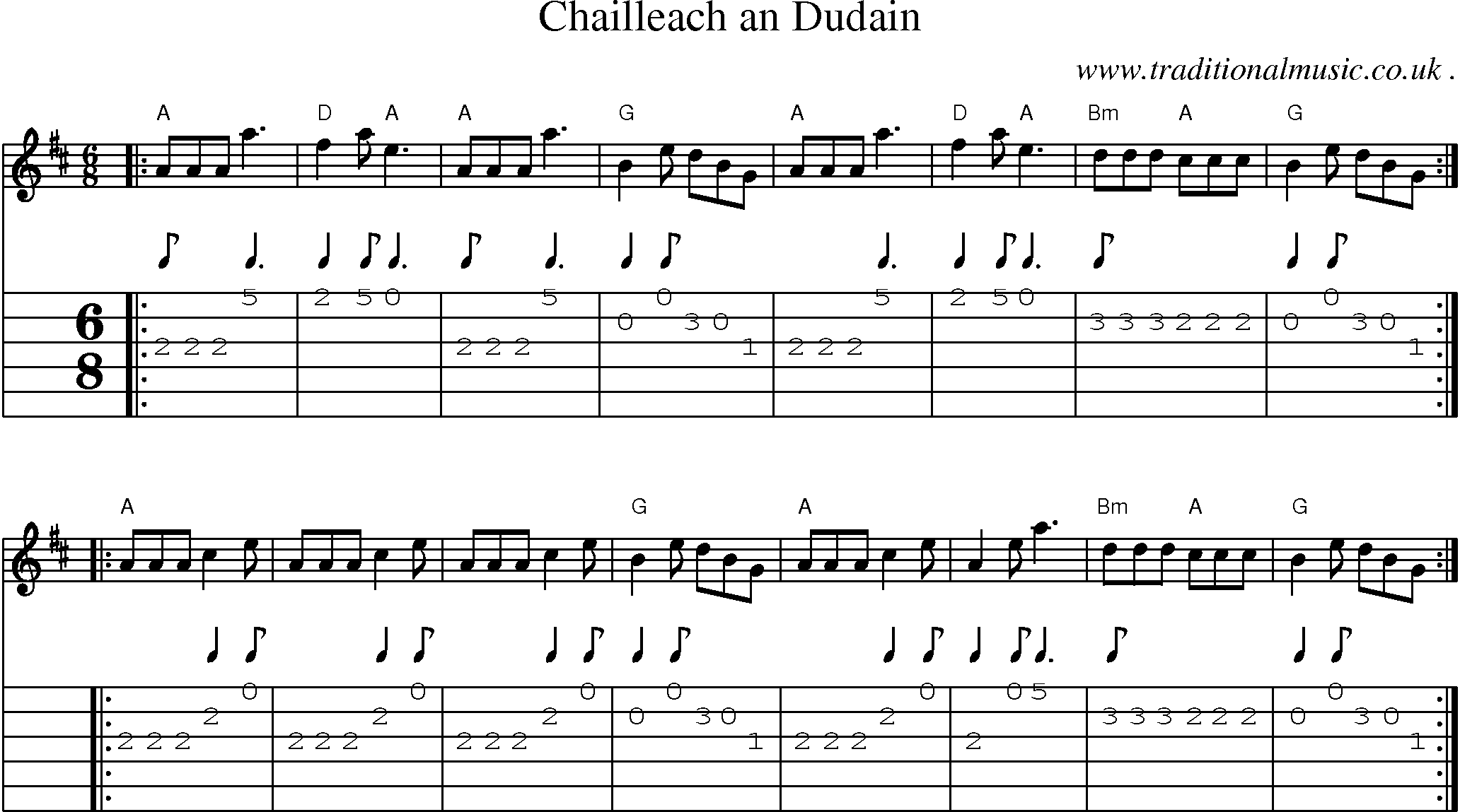 Sheet-music  score, Chords and Guitar Tabs for Chailleach An Dudain