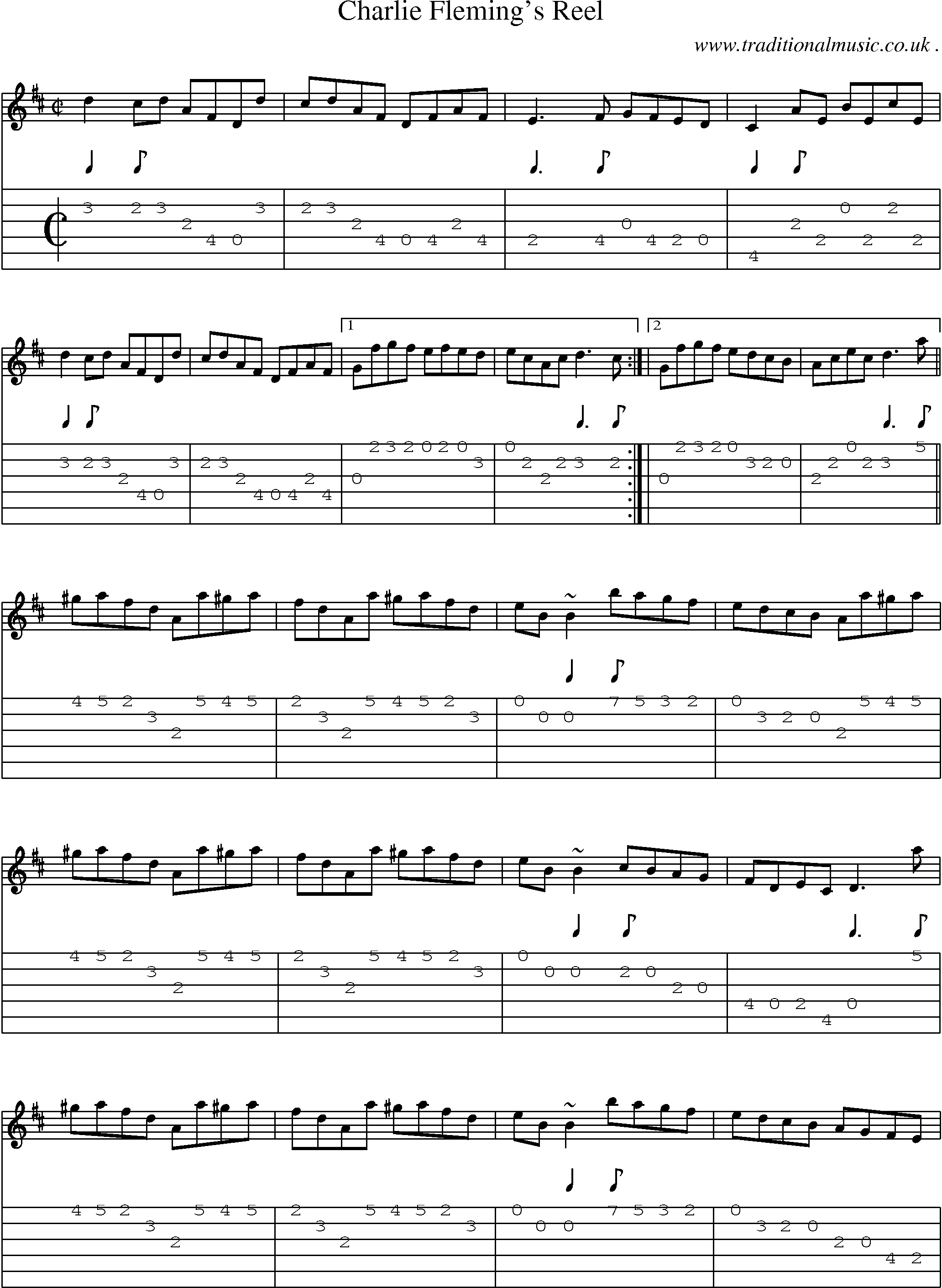 Sheet-music  score, Chords and Guitar Tabs for Charlie Flemings Reel