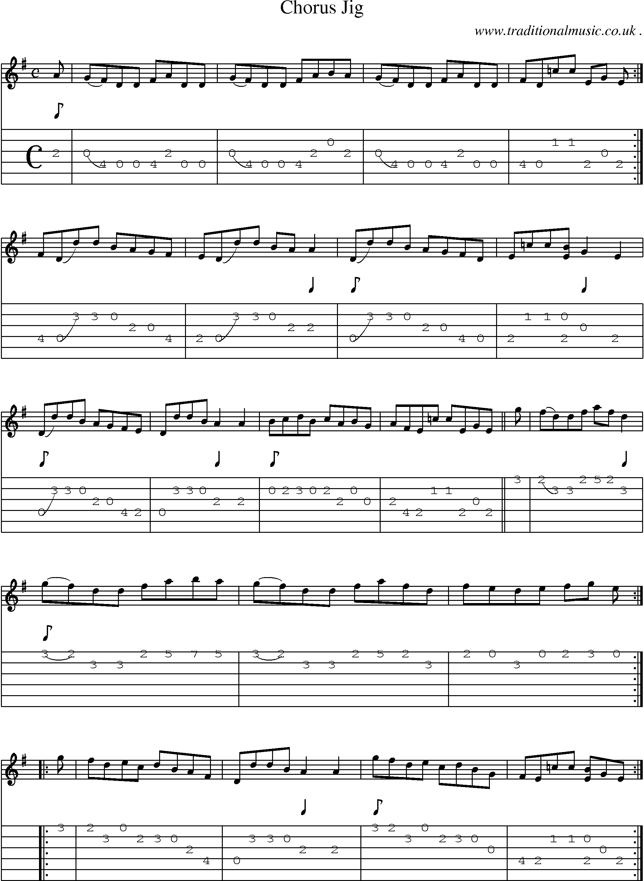 Sheet-music  score, Chords and Guitar Tabs for Chorus Jig