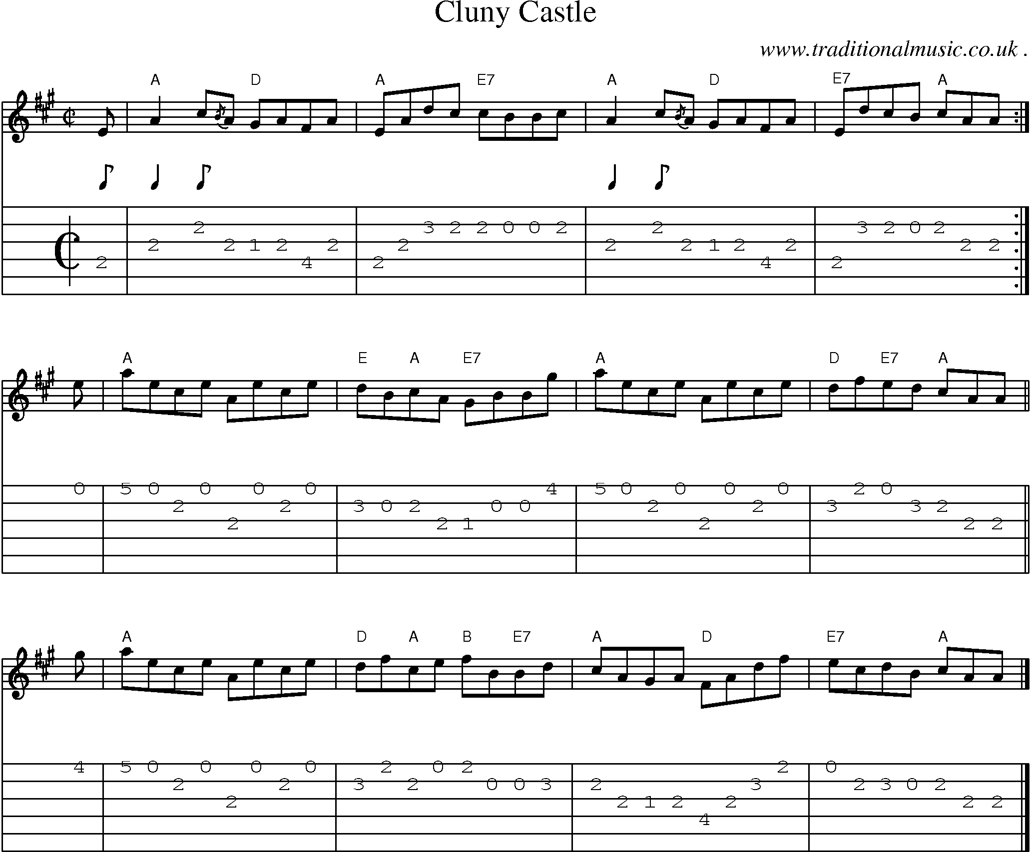 Sheet-music  score, Chords and Guitar Tabs for Cluny Castle