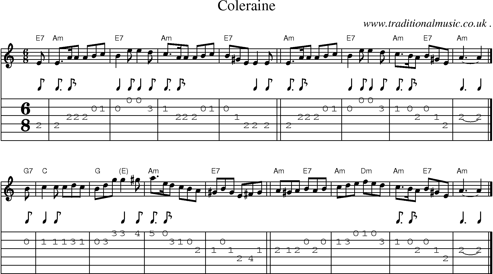 Sheet-music  score, Chords and Guitar Tabs for Coleraine