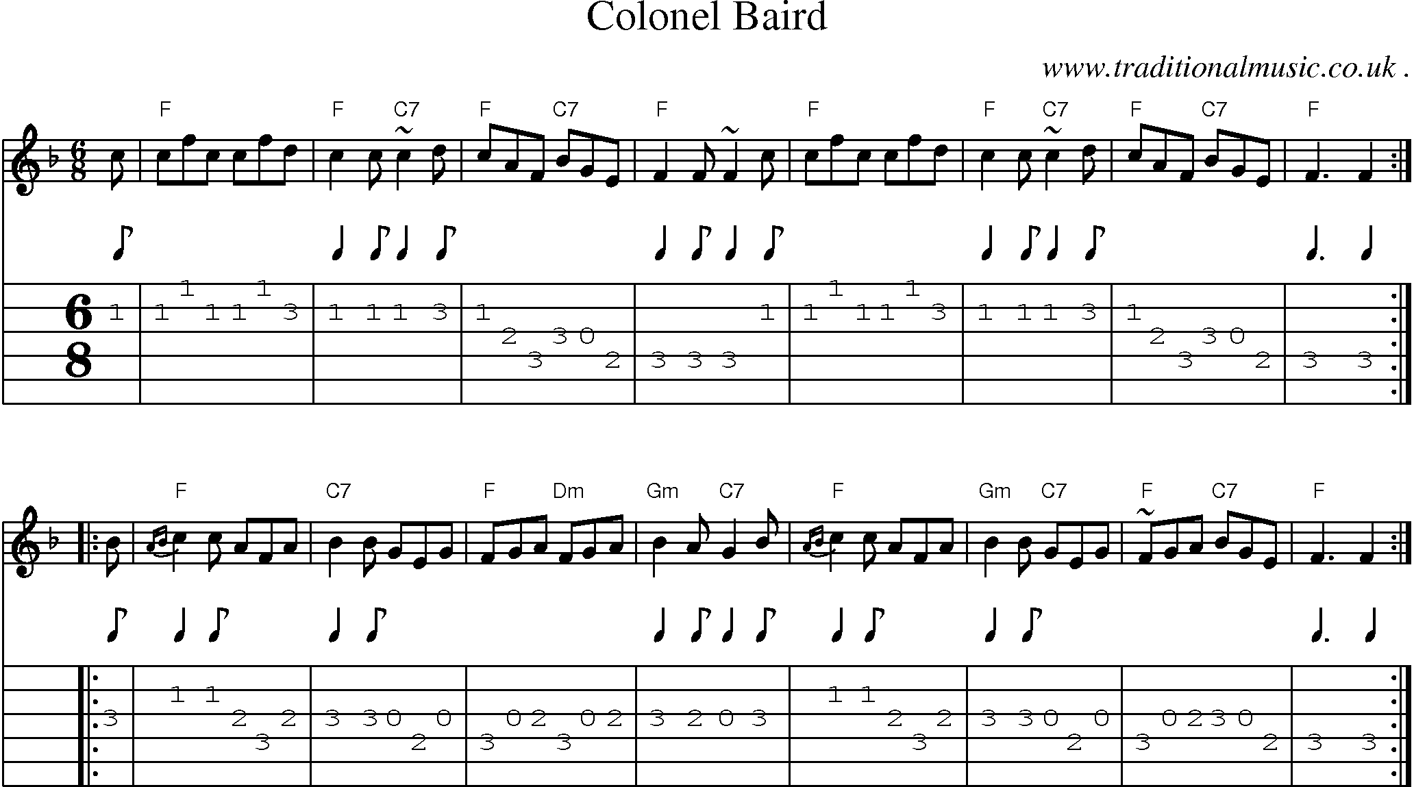 Sheet-music  score, Chords and Guitar Tabs for Colonel Baird