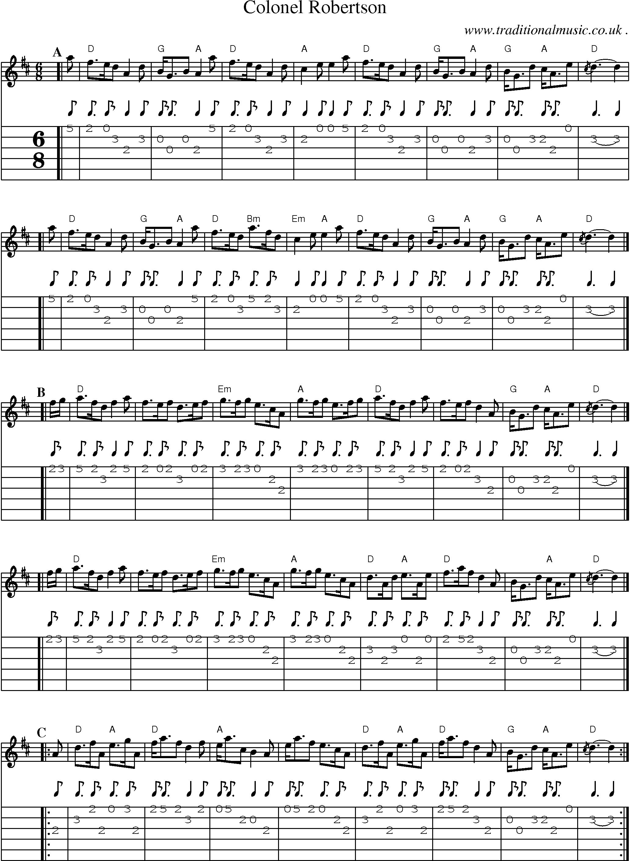 Sheet-music  score, Chords and Guitar Tabs for Colonel Robertson