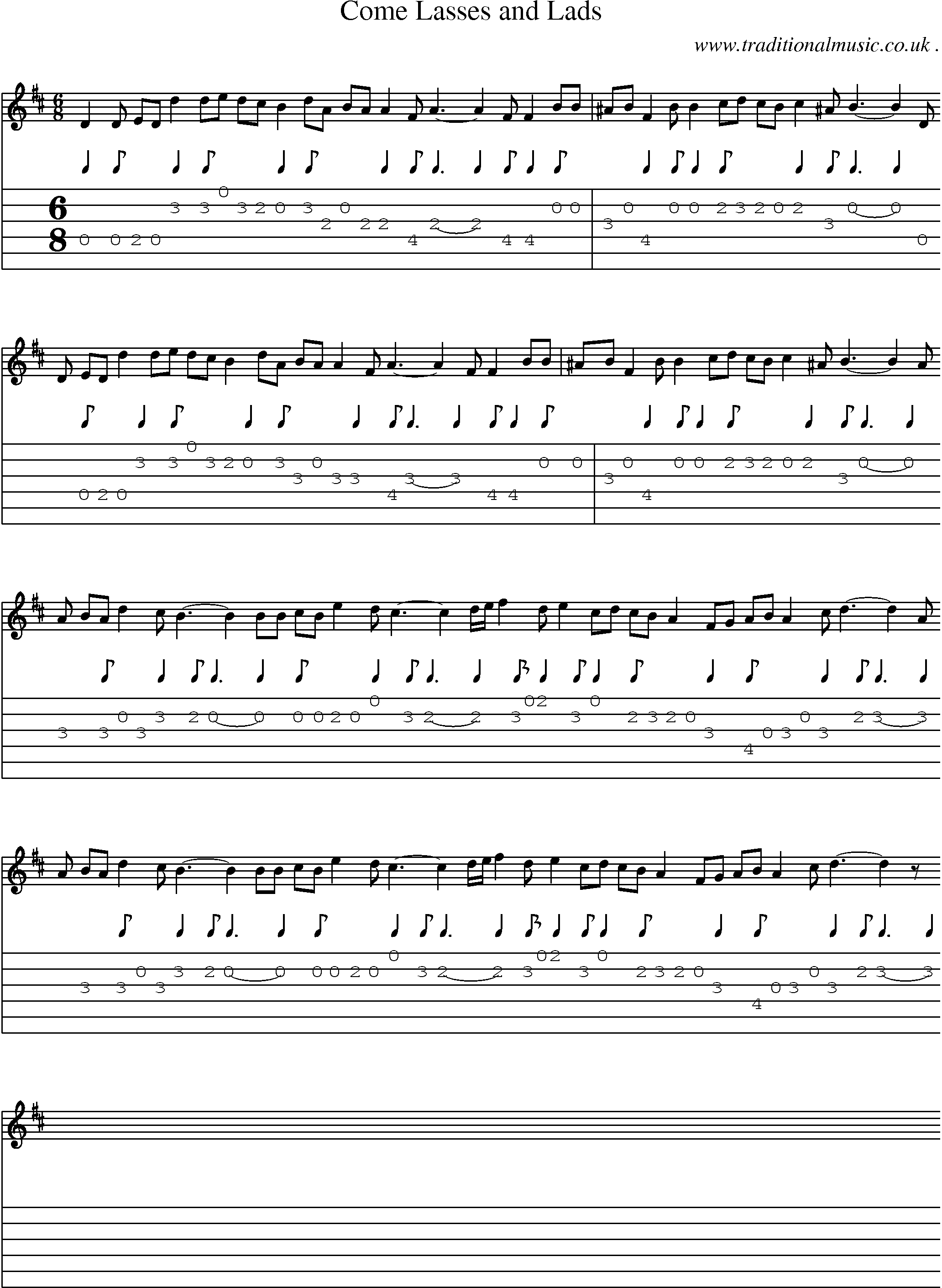 Sheet-music  score, Chords and Guitar Tabs for Come Lasses And Lads